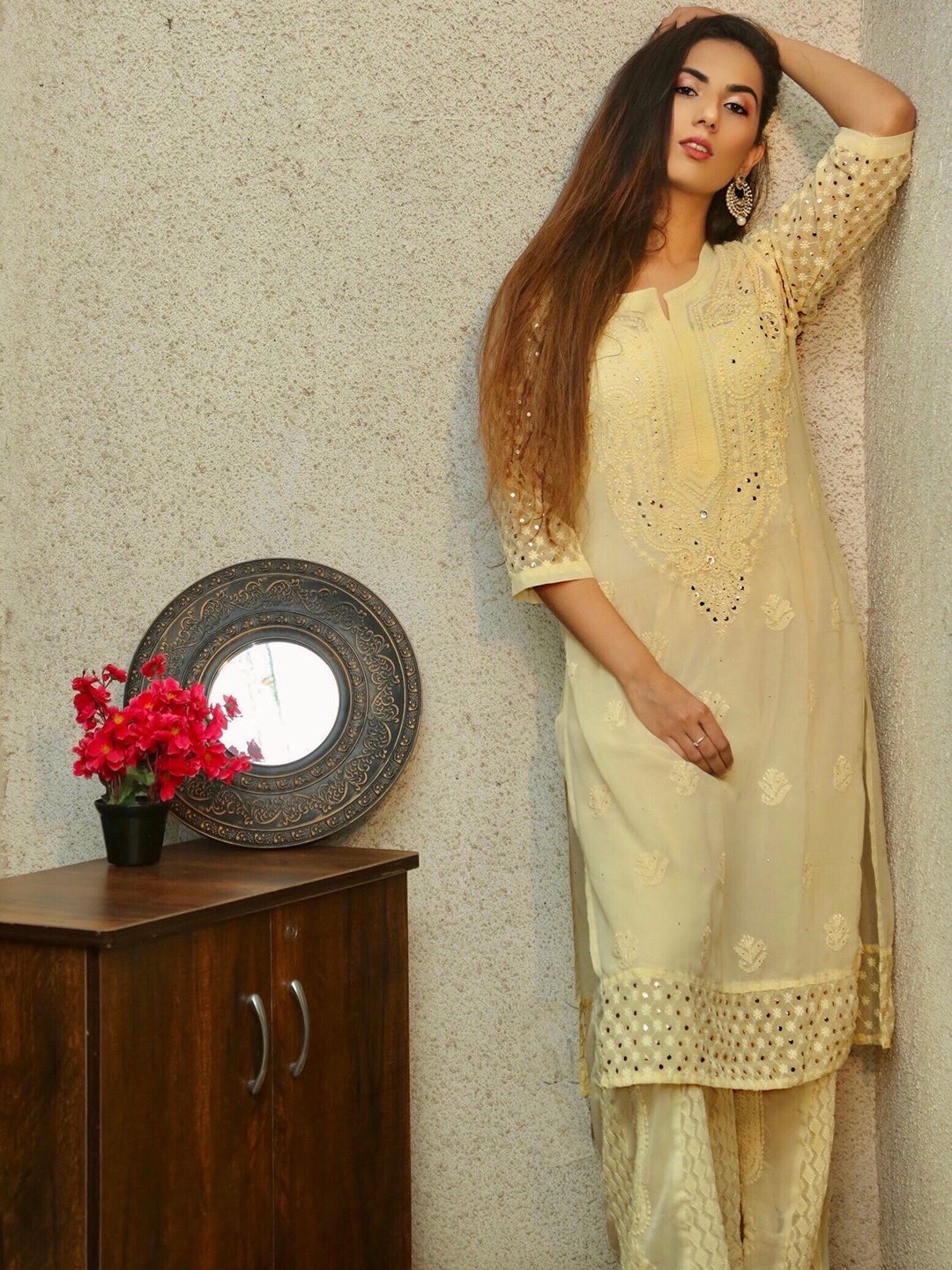 

LABEL AISHWARYRIKA Thread Work Silk Georgette Kurta with Trousers & With Dupatta, Yellow