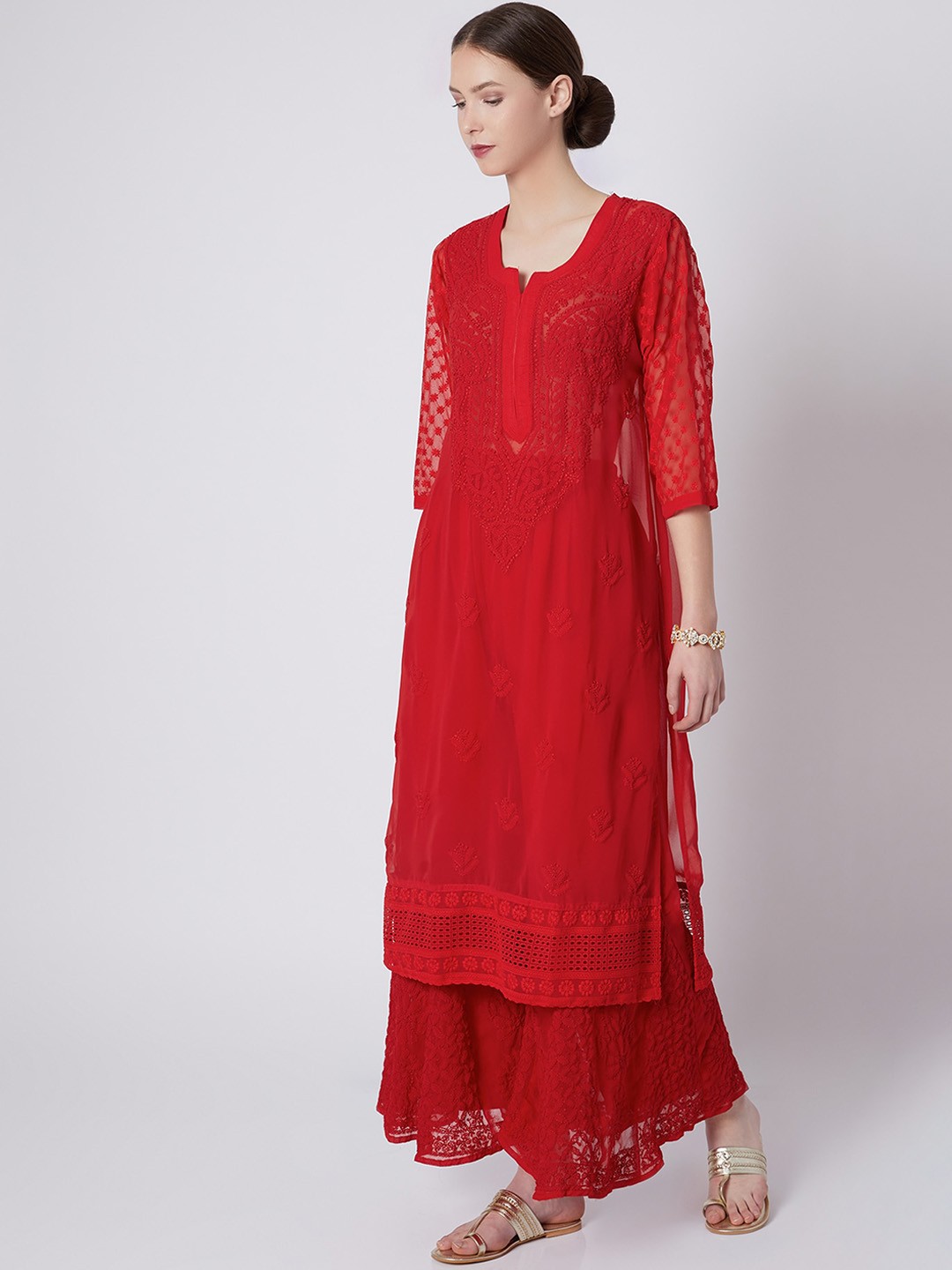 

LABEL AISHWARYRIKA Women Red Ethnic Motifs Embroidered Handloom Georgette Kurta