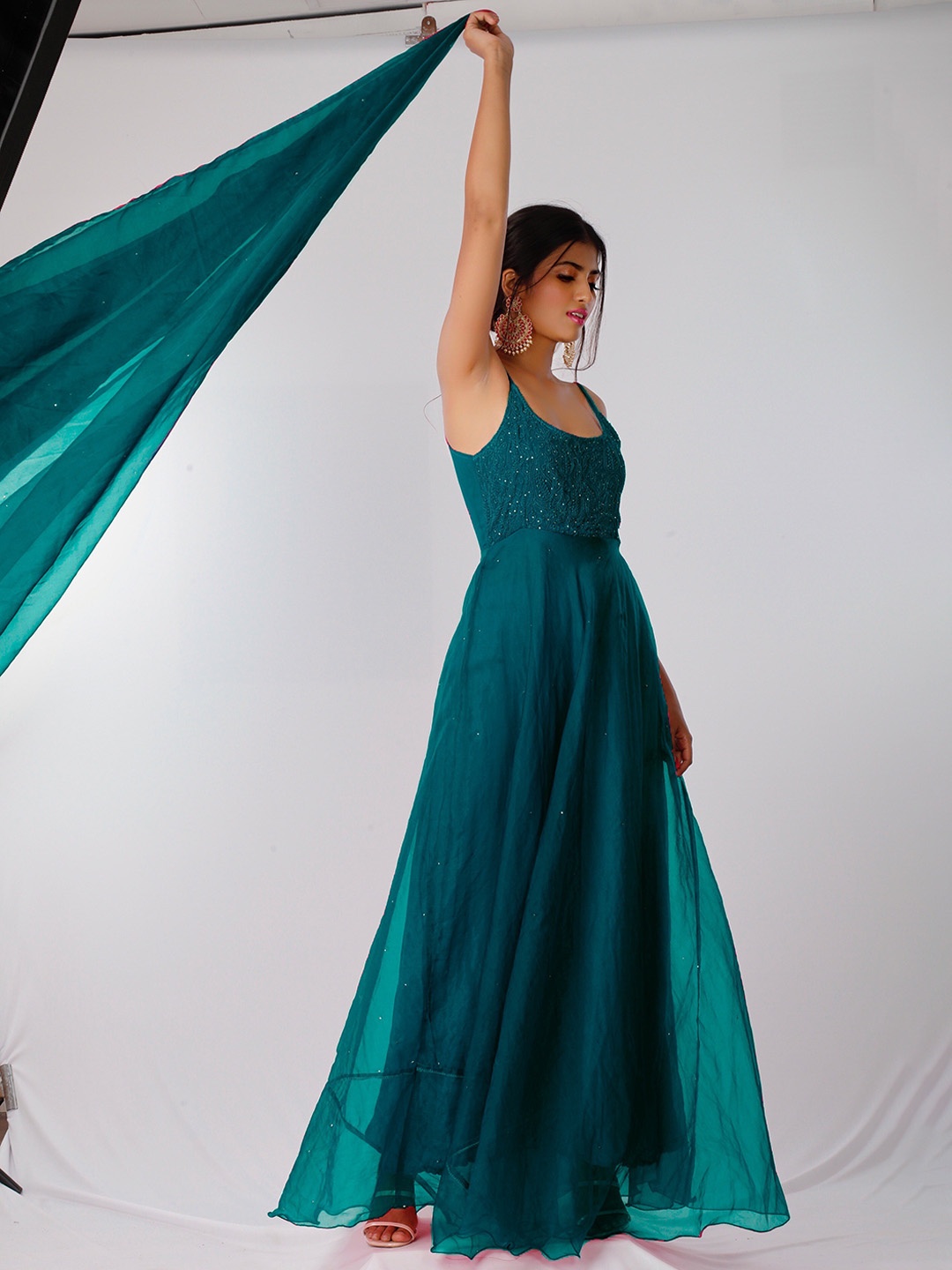 

LABEL AISHWARYRIKA Floral Embroidered Silk Georgette Kurta with Trousers & Dupatta, Blue