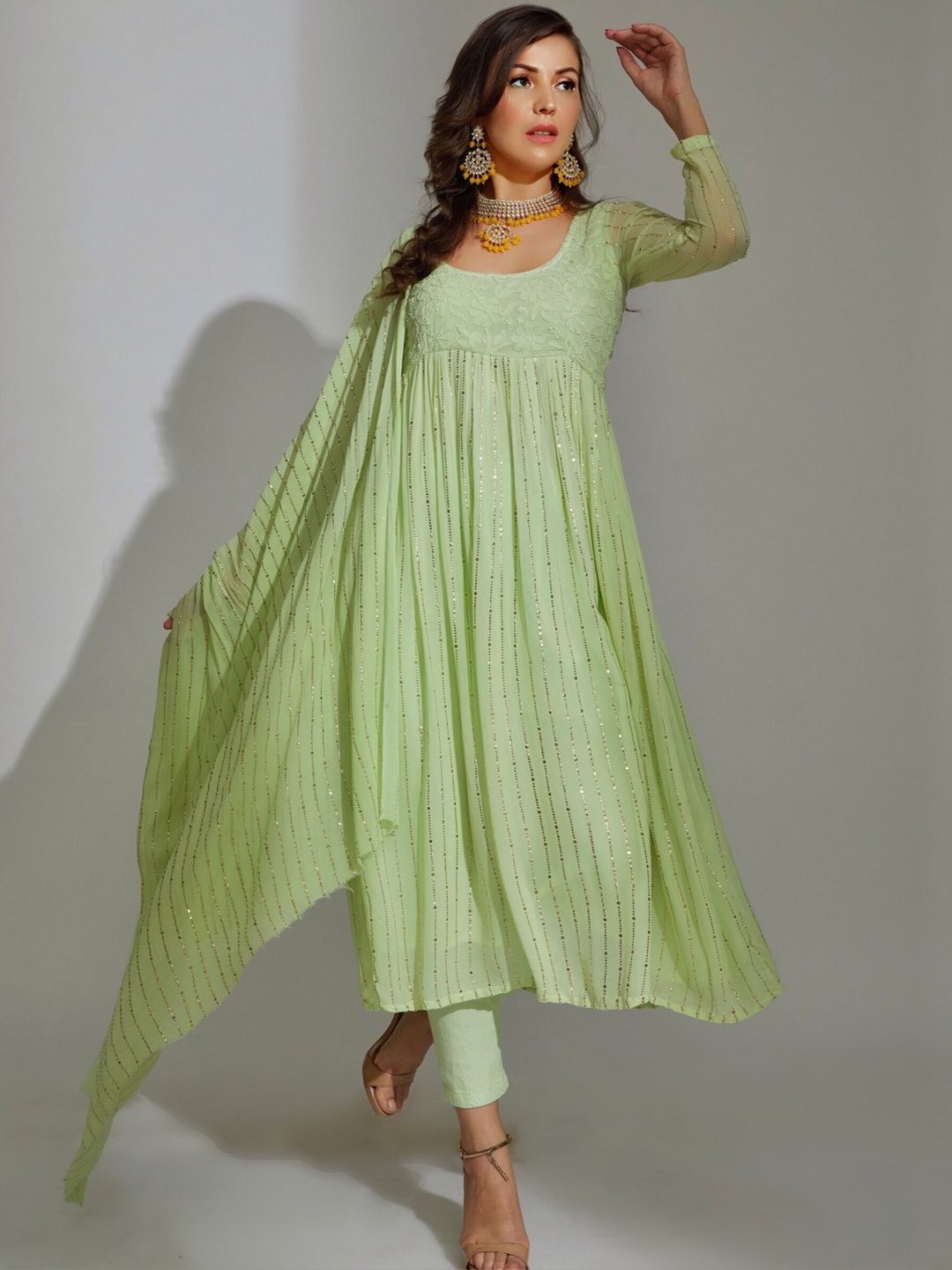 

LABEL AISHWARYRIKA Embroidered Silk Georgette Kurta with Trousers & Dupatta, Green