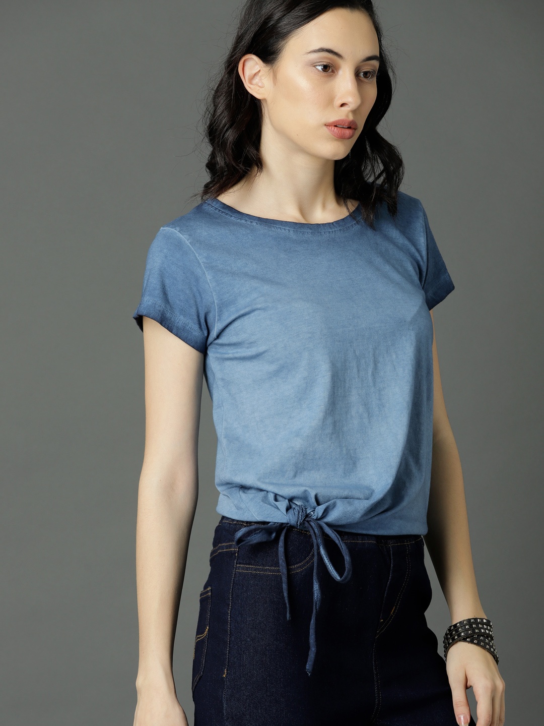 

Roadster Women Blue Dyed Pure Cotton Top