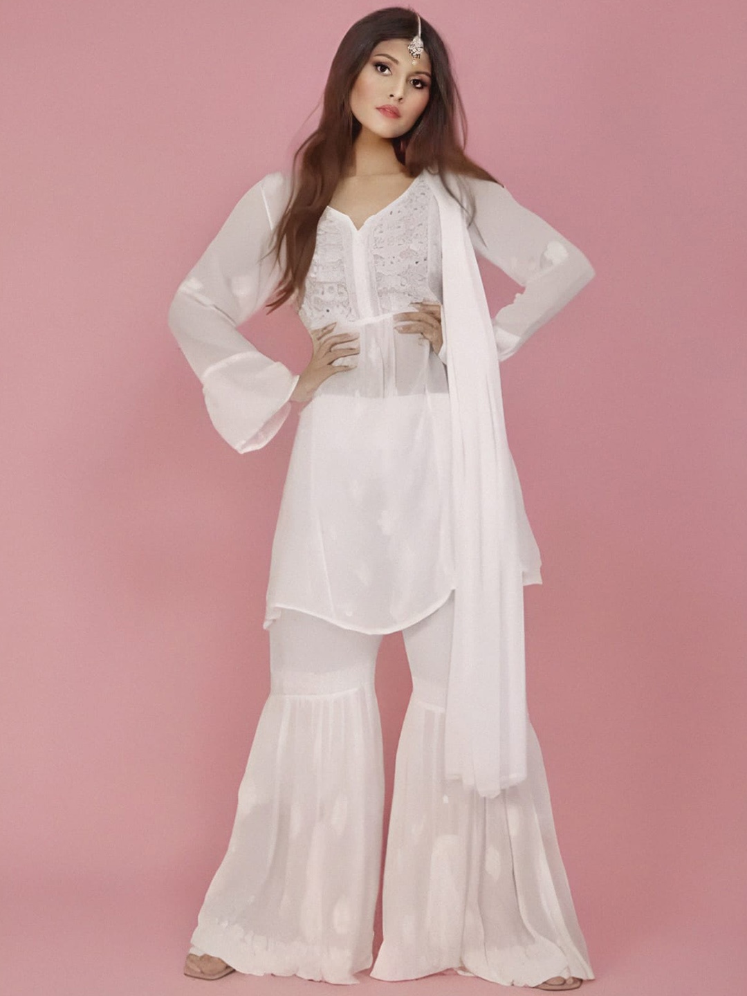

LABEL AISHWARYRIKA Ethnic Motifs Chikankari Silk Georgette Kurta with Sharara & Dupatta, White