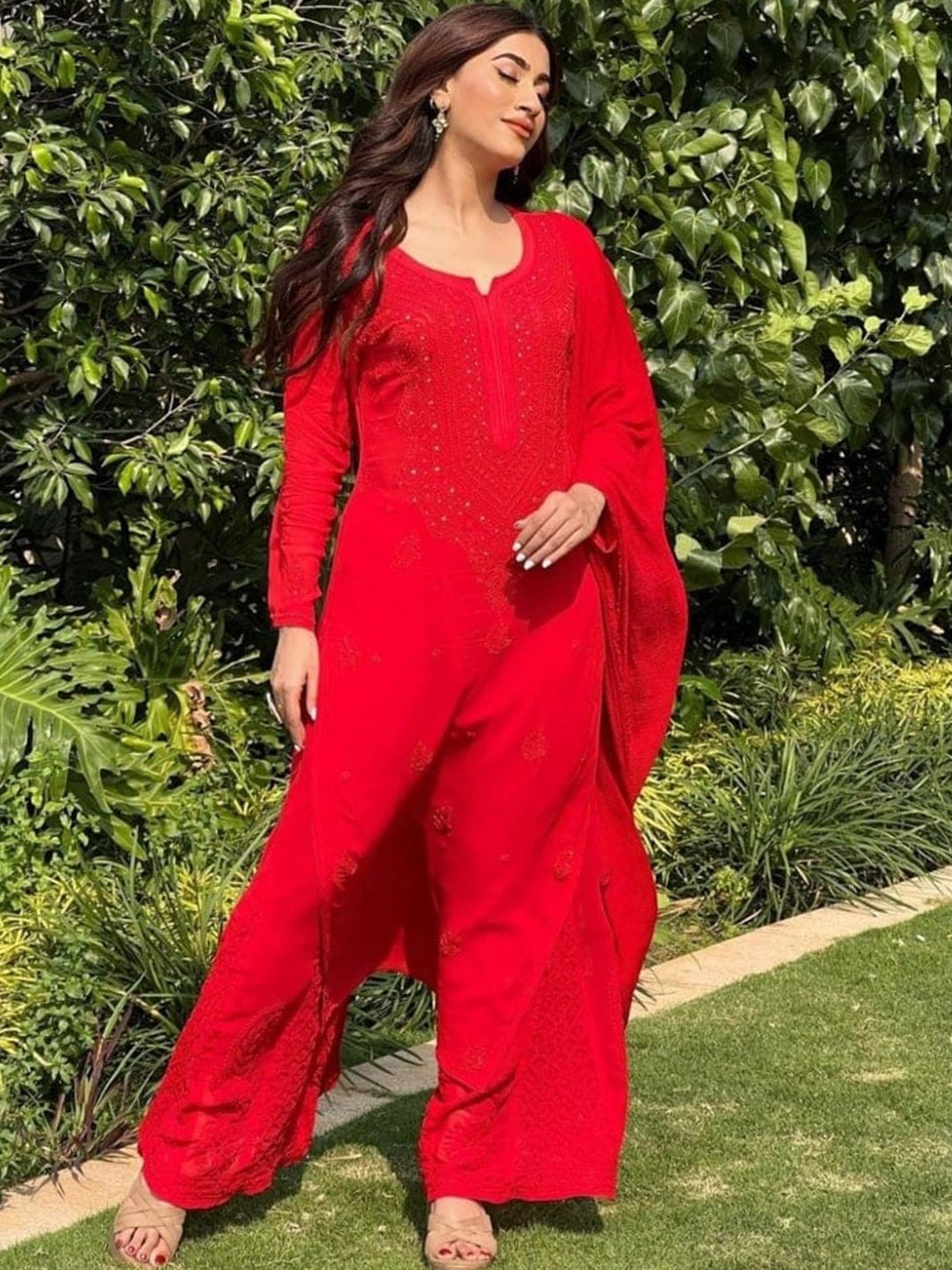 

LABEL AISHWARYRIKA Embroidered Thread Work Silk Georgette Kurta with Palazzos & Dupatta, Red