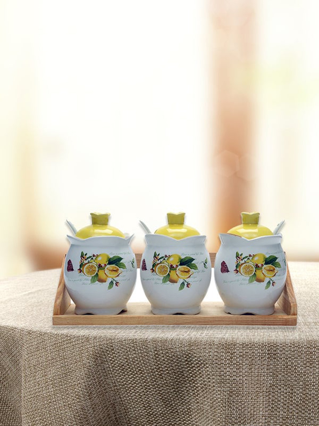 

Athome by Nilkamal Pack of 3 Printed Ceramic Kitchen Storage With Tray & Spoon, Yellow