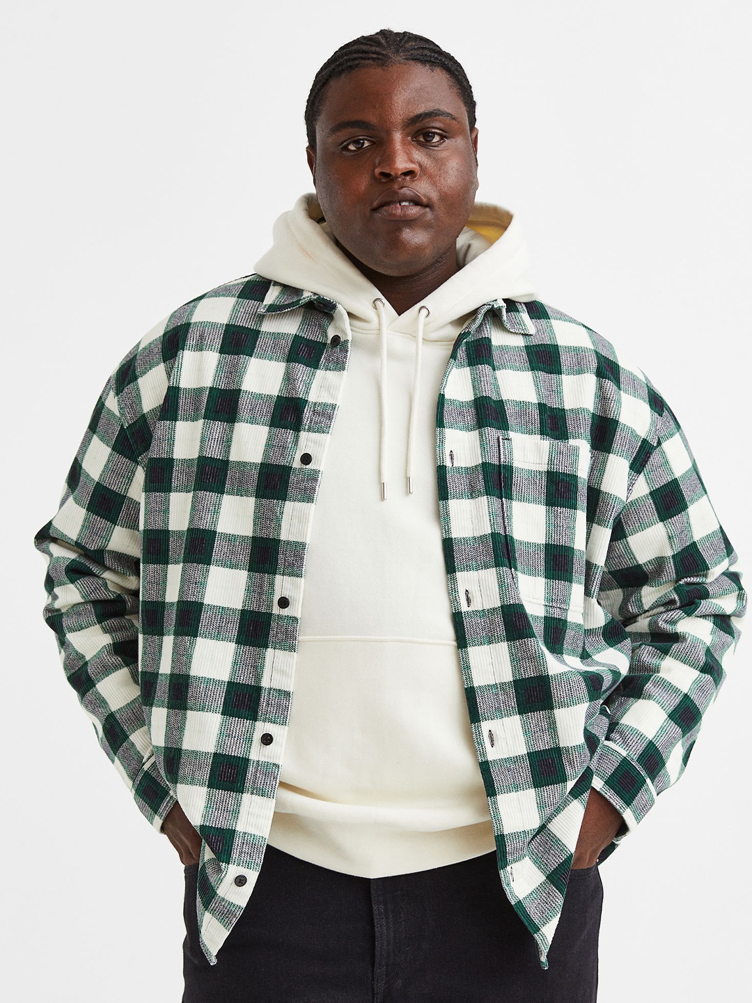 

H&M Men Plus Size Oversized Fit Corduroy Shirt, Green