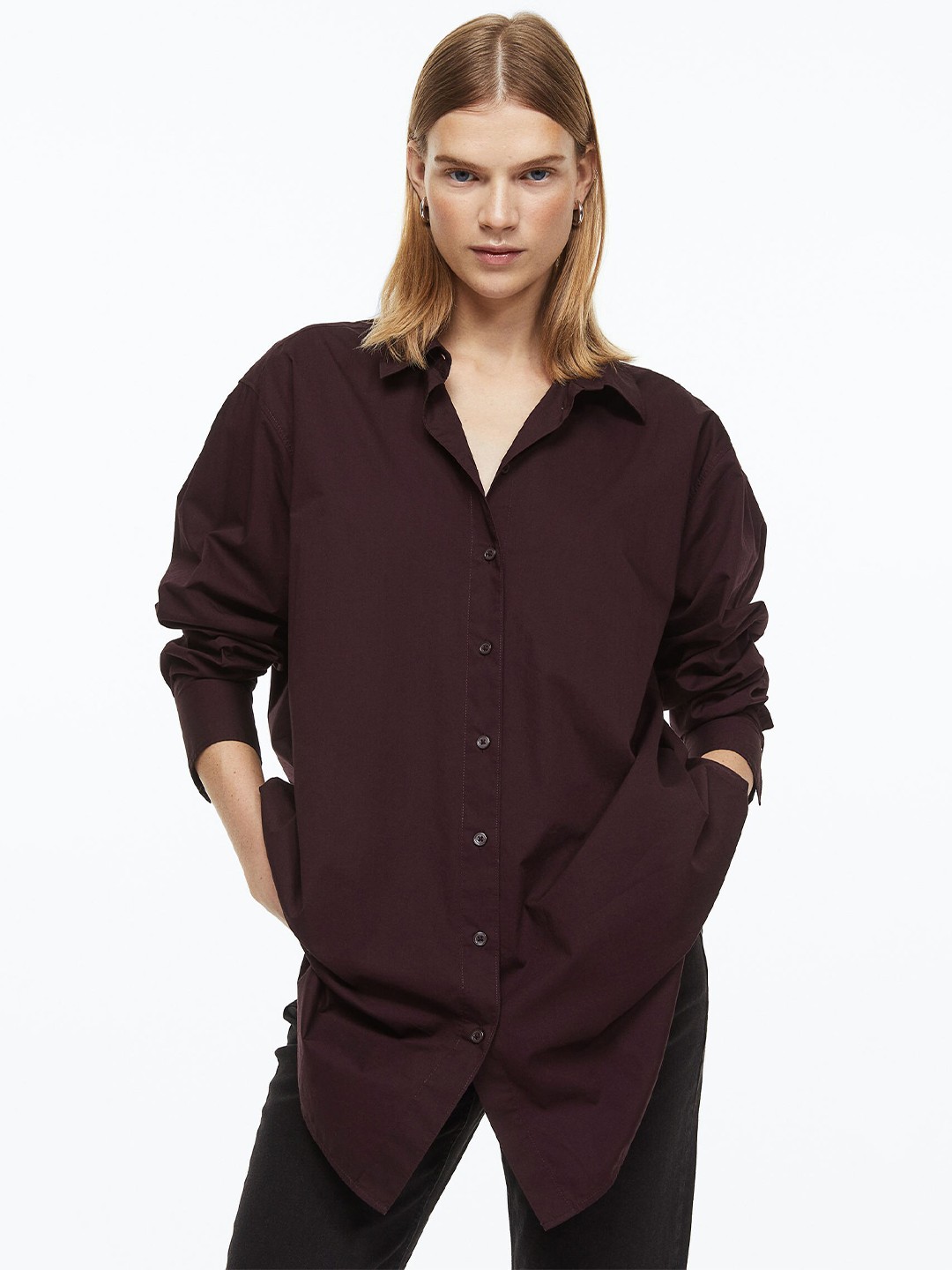 

H&M Women Long Cotton Shirt, Maroon
