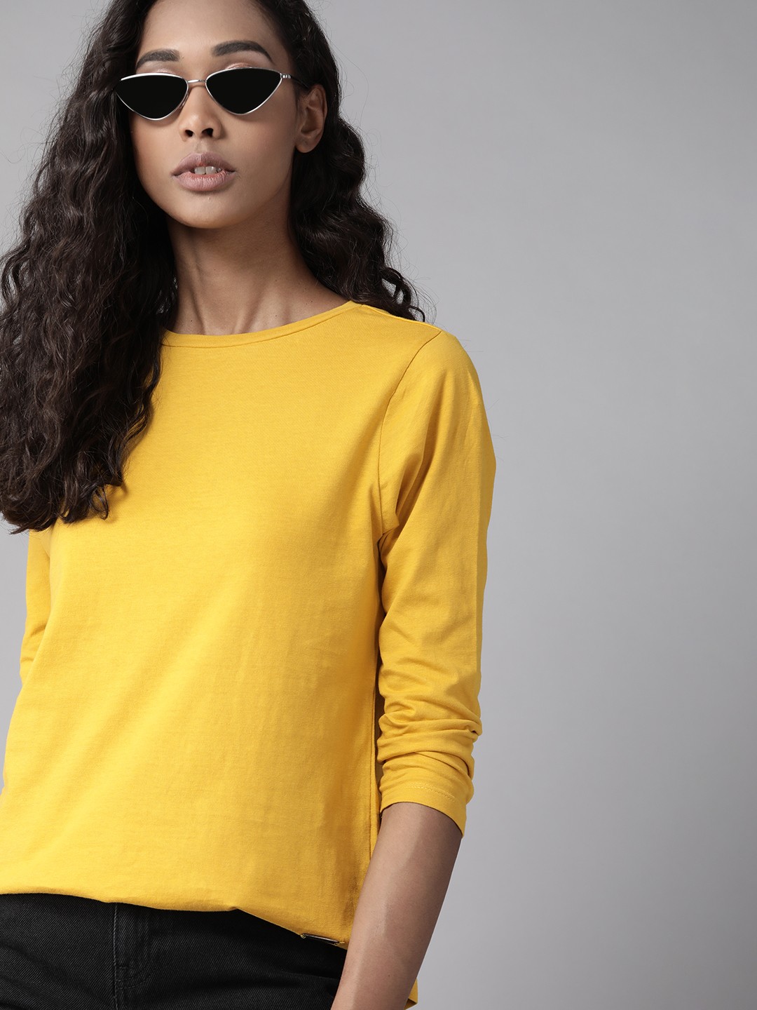 

Roadster Women Mustard Yellow Pure Cotton Solid T-shirt