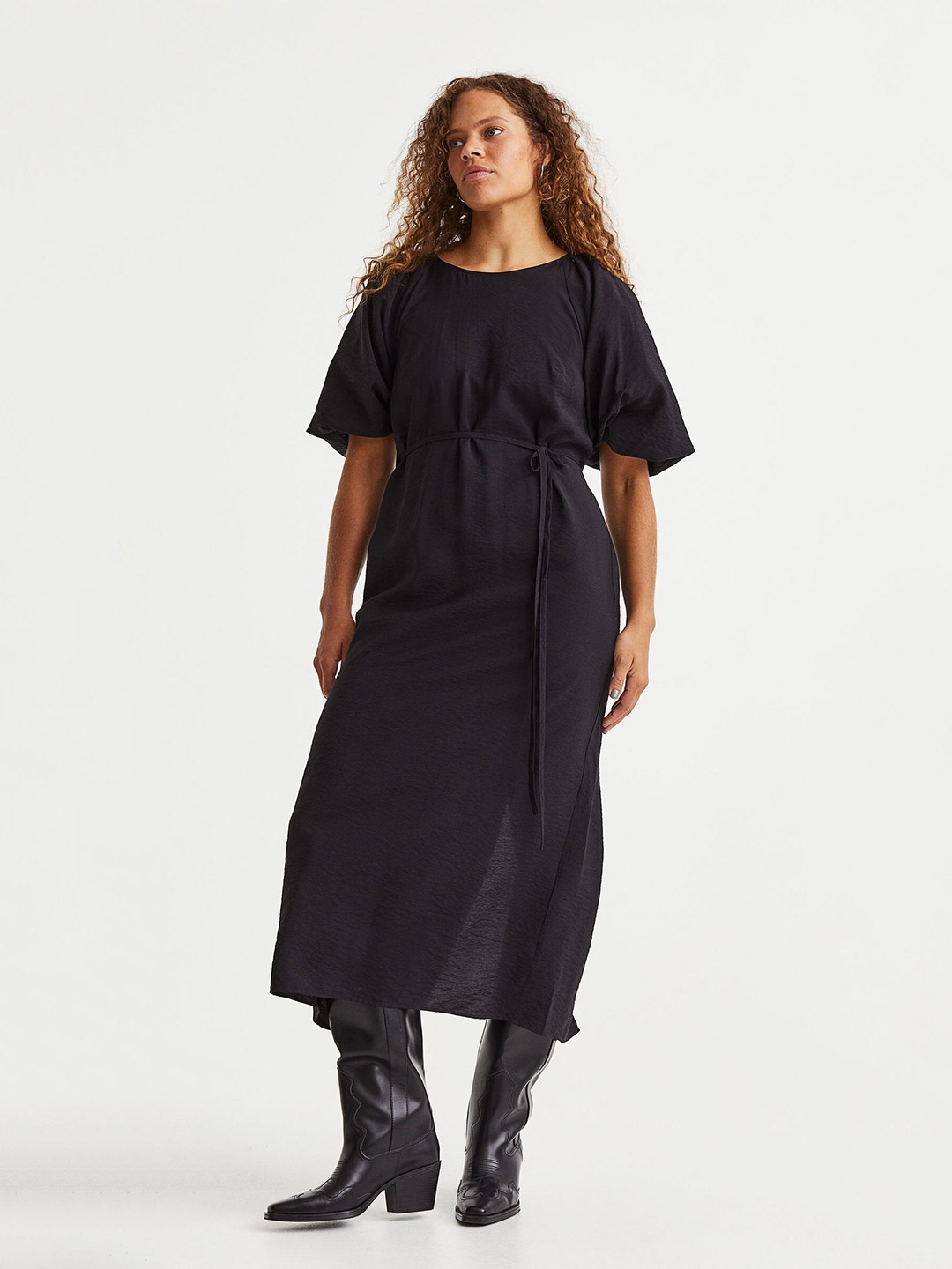 

H&M Balloon-Sleeved Tie-Belt Dress, Black