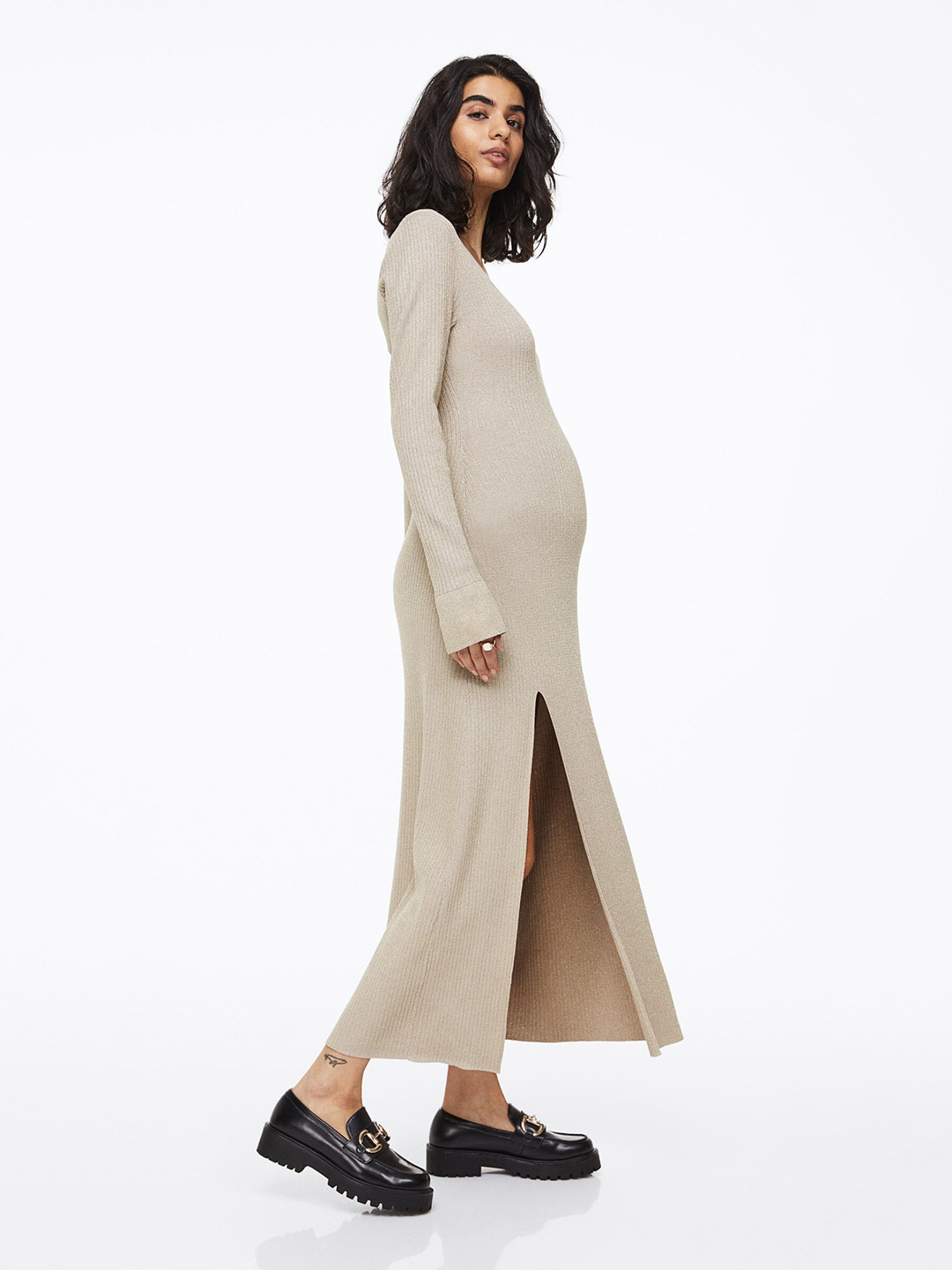 

H&M MAMA Rib-Knit Dress, Beige