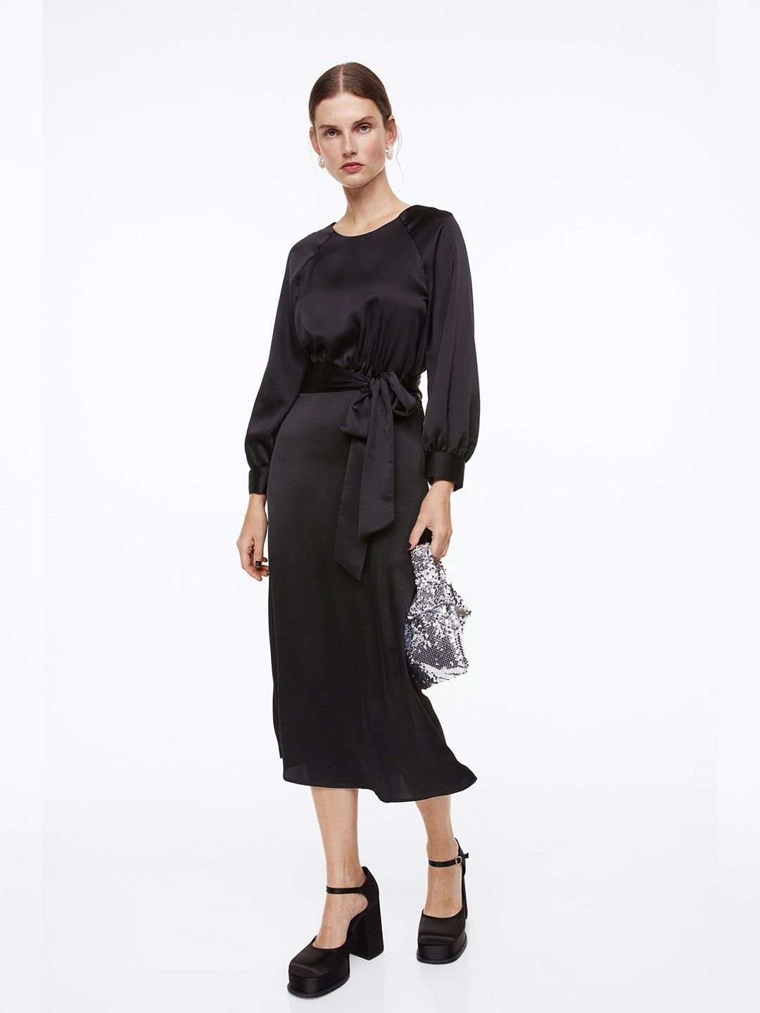 

H&M Women Tie-Belt Satin Dress, Black
