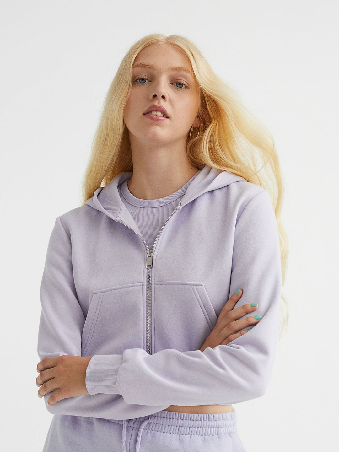 

H&M Women Cropped Zip-Through Hoodie, Purple
