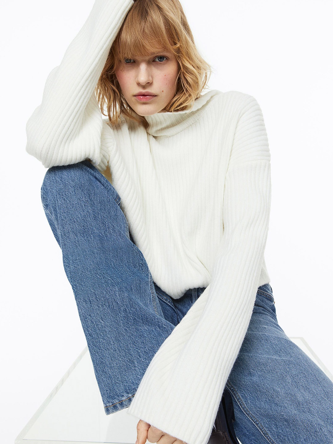 

H&M Women Rib-Knit Turtleneck Jumper, White