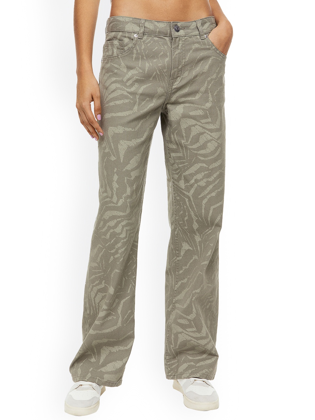 

H&M Women Wide Twill Trousers, Olive