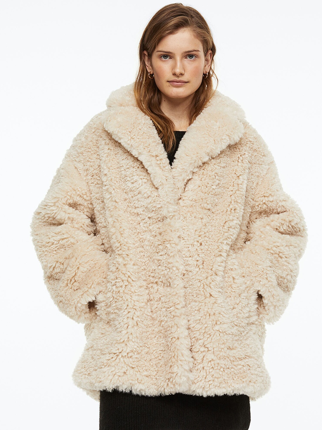 

H&M Women Single-Breasted Teddy Jacket, Beige