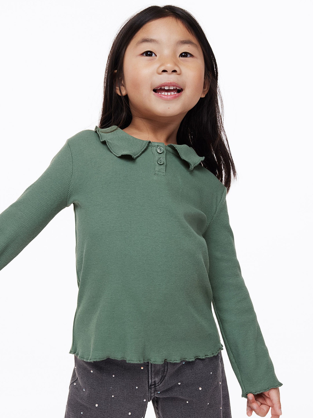 

H&M Girls Long-Sleeved Ribbed Top, Green