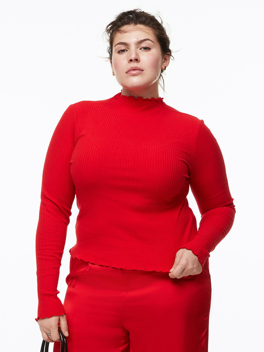 

H&M+ Women Plus Size Long-Sleeved Ribbed Top, Red