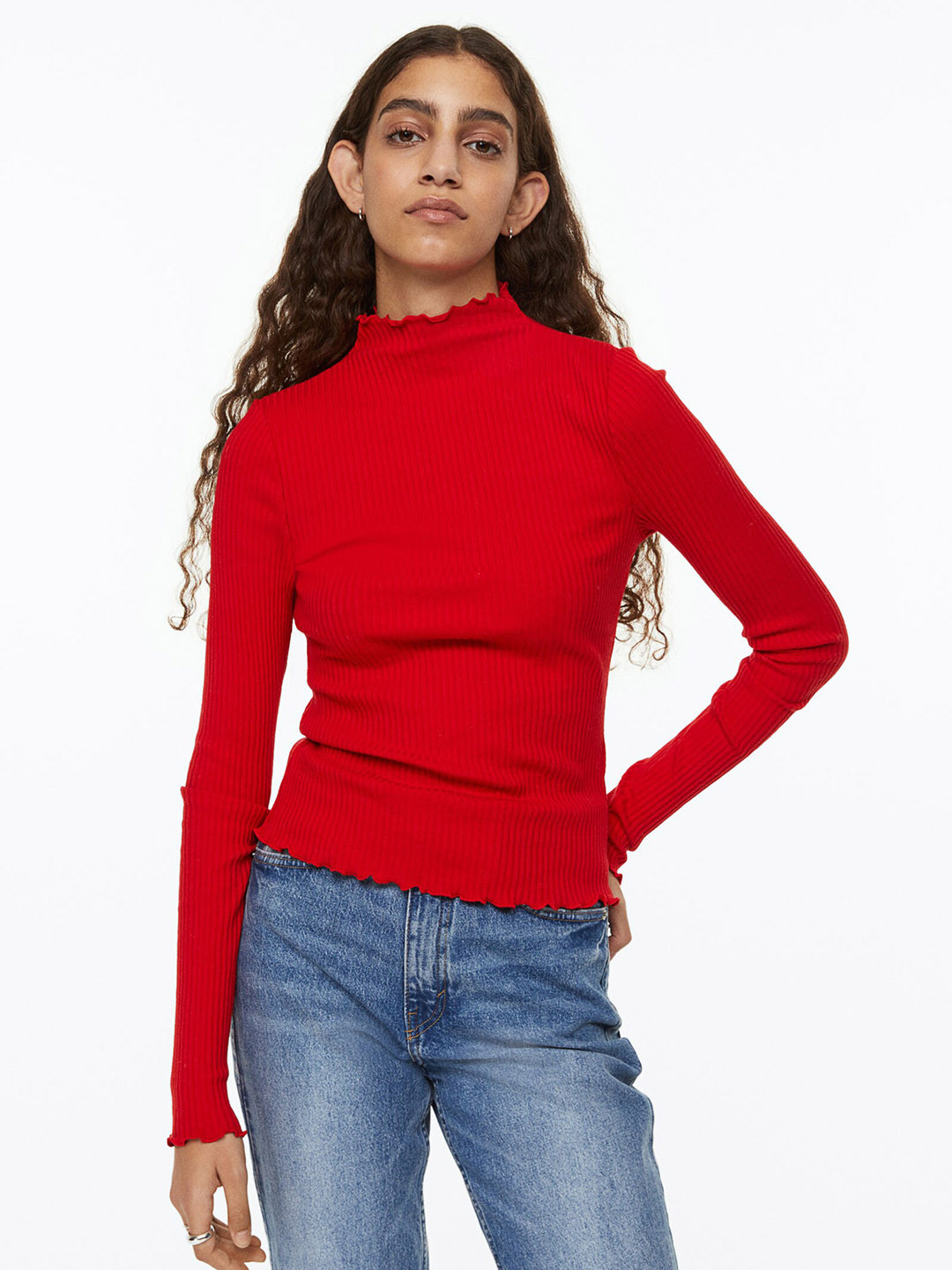 

H&M Women Long-Sleeved Ribbed Top, Red