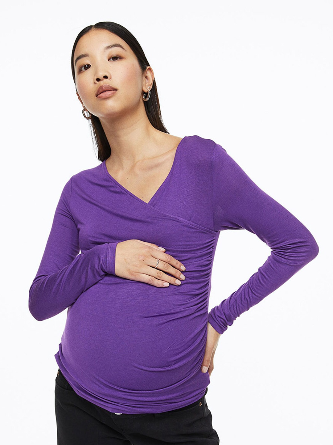 

H&M Women MAMA Gathered Wrapover Top, Purple