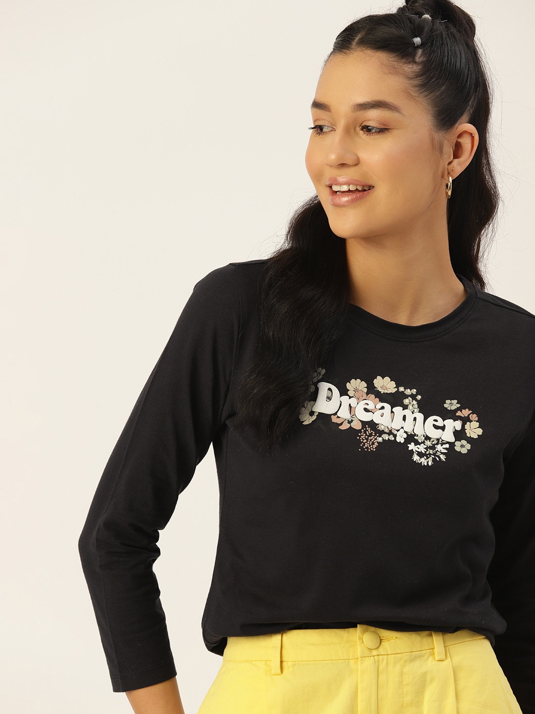 

DressBerry Women Typography Printed Pure Cotton T-shirt, Black