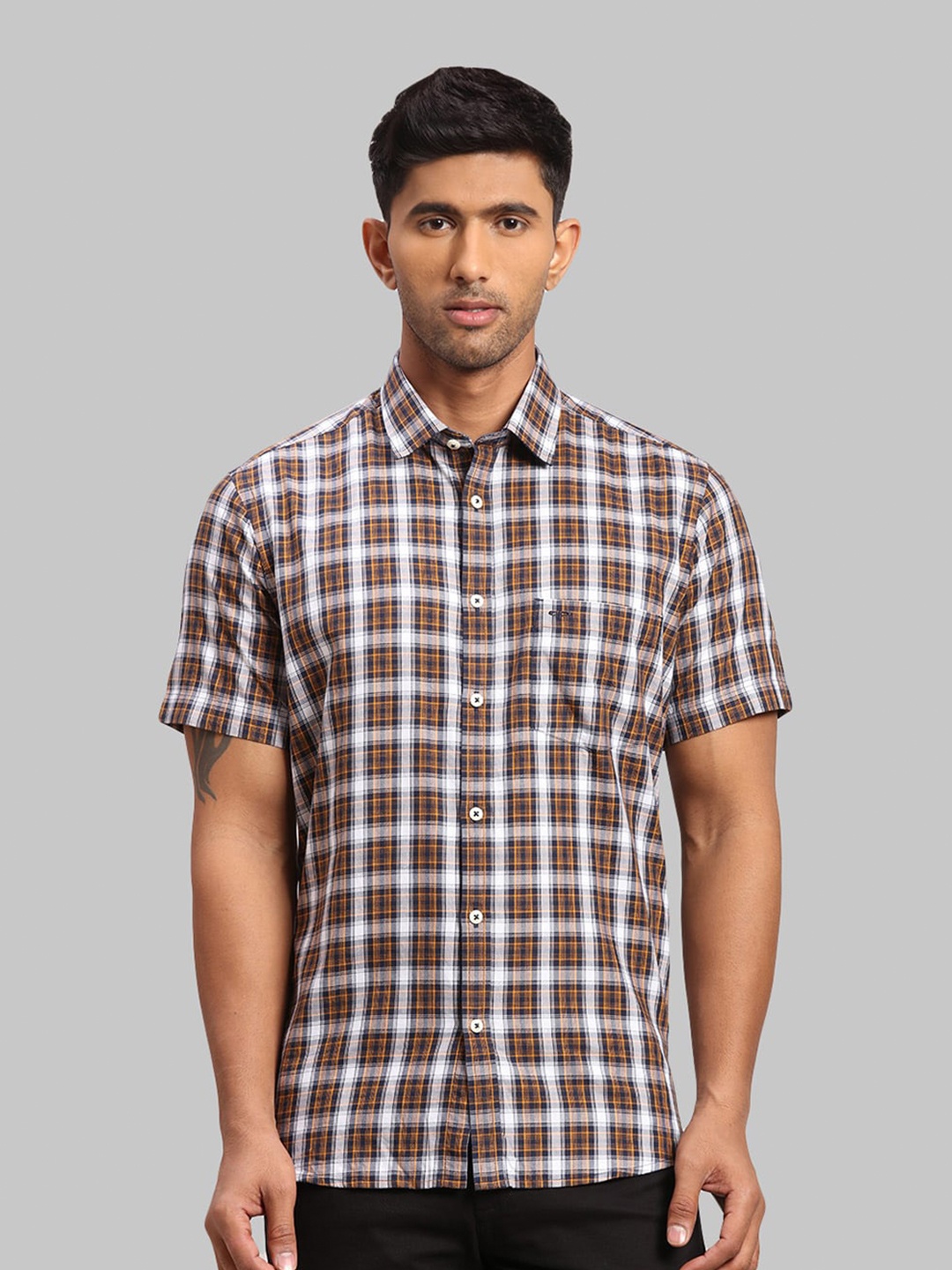 

ColorPlus Men Tailored Fit Tartan Checked Cotton Casual Shirt, Yellow