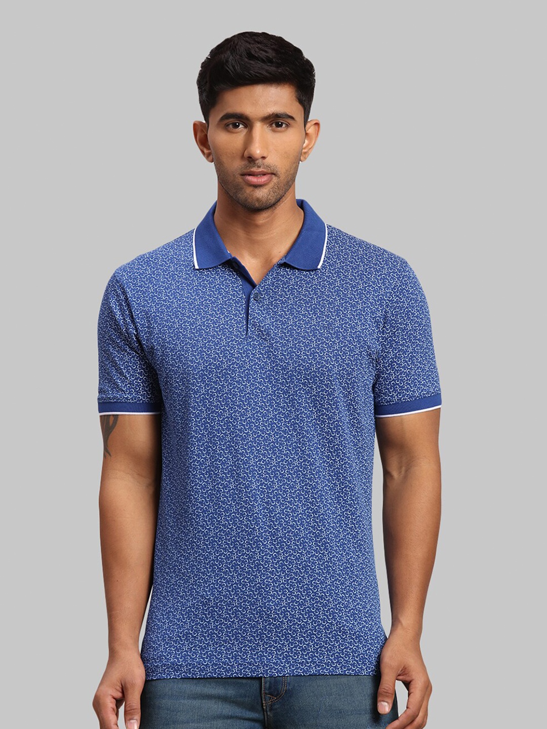 ColorPlus Printed Polo Collar Cotton T-shirt, Blue