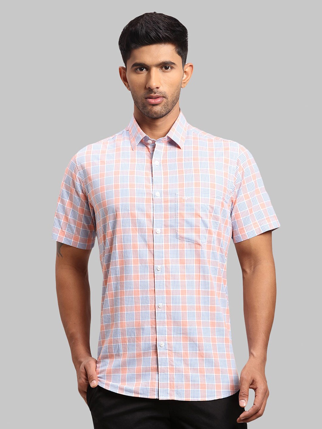 

ColorPlus Men Tailored Fit Checked Cotton Casual Shirt, Orange