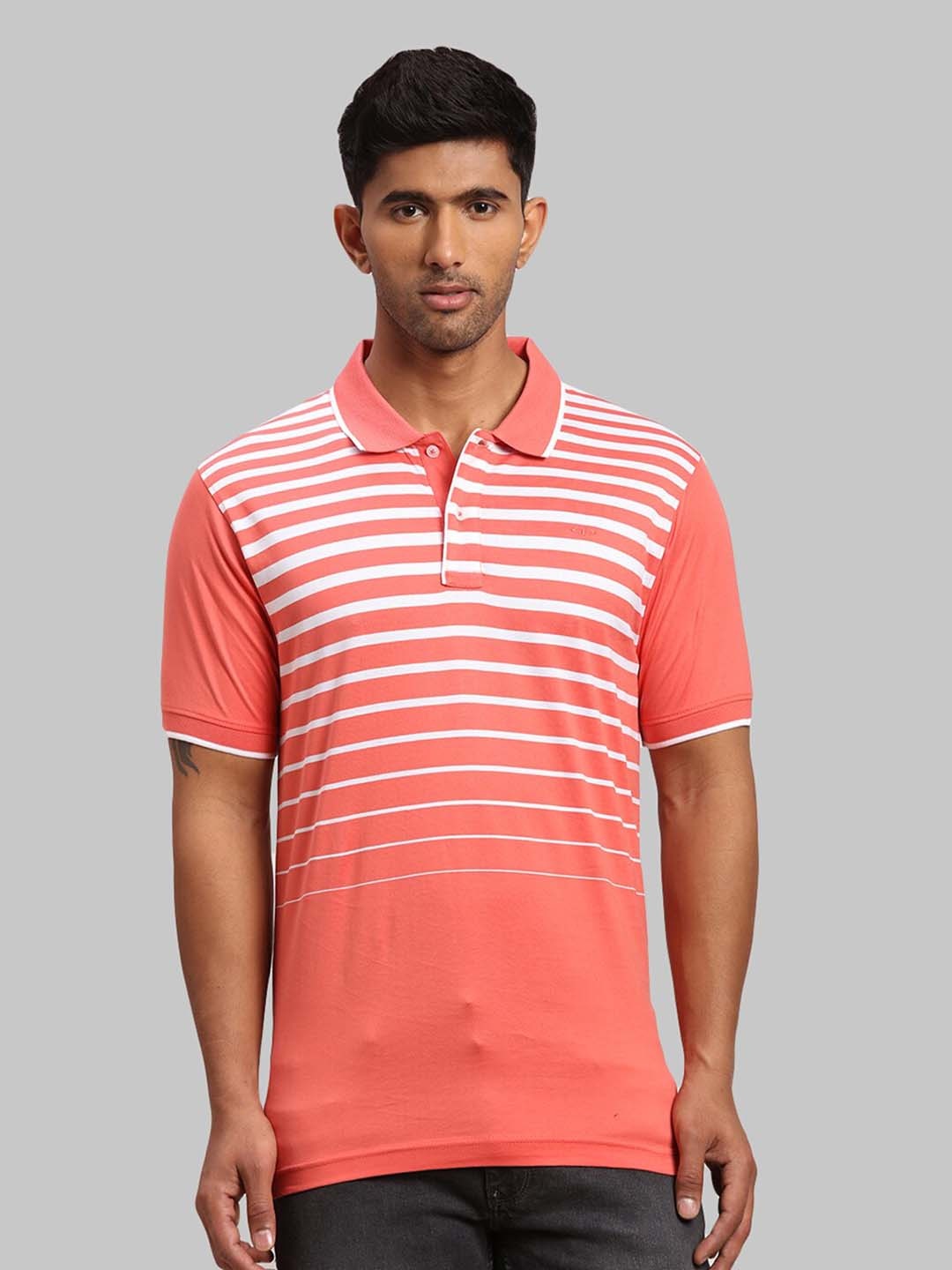 

ColorPlus Striped Polo Collar Raw Edge Cotton T-shirt, Coral