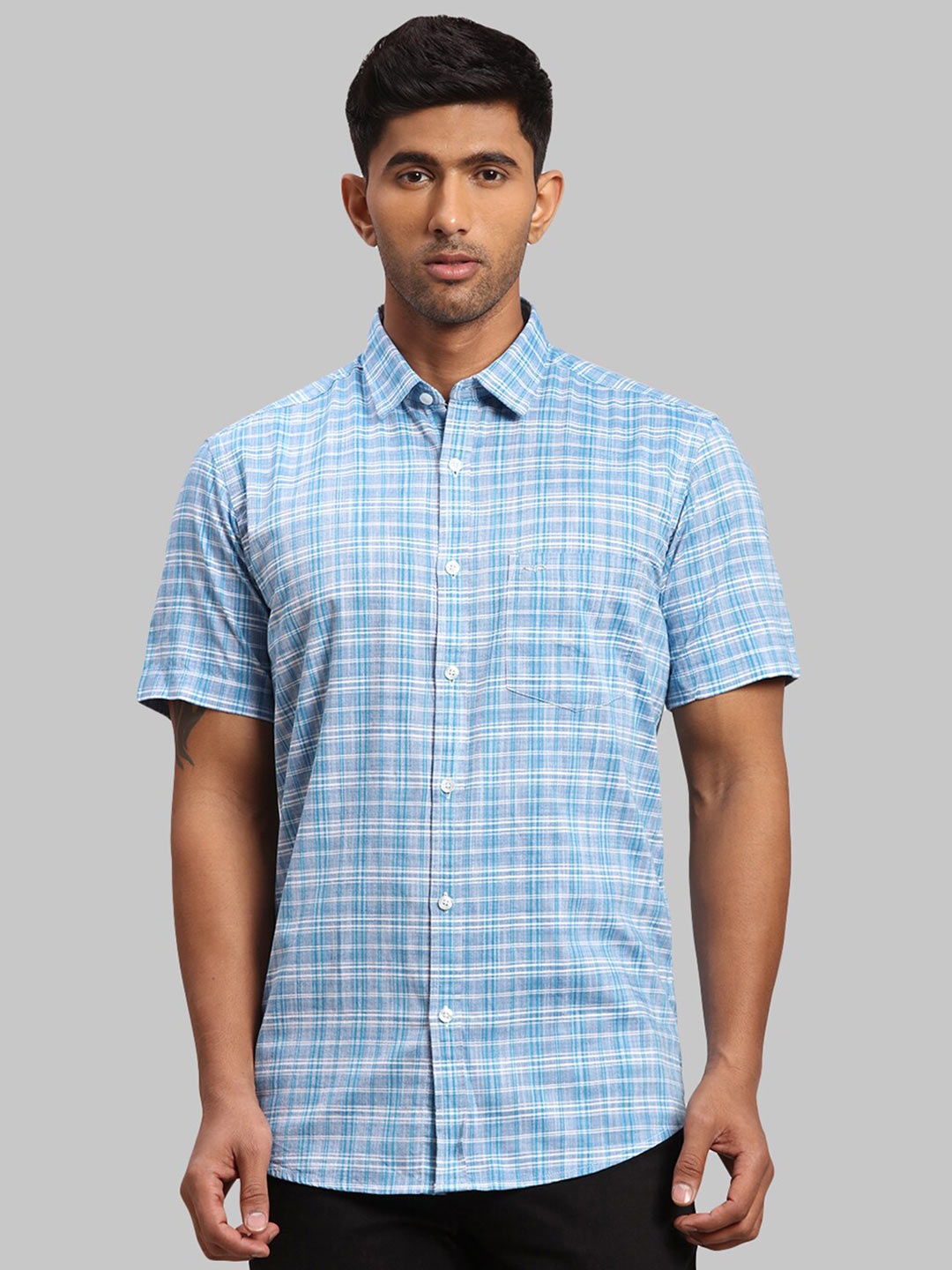 

ColorPlus Men Tailored Fit Checked Cotton Casual Shirt, Blue
