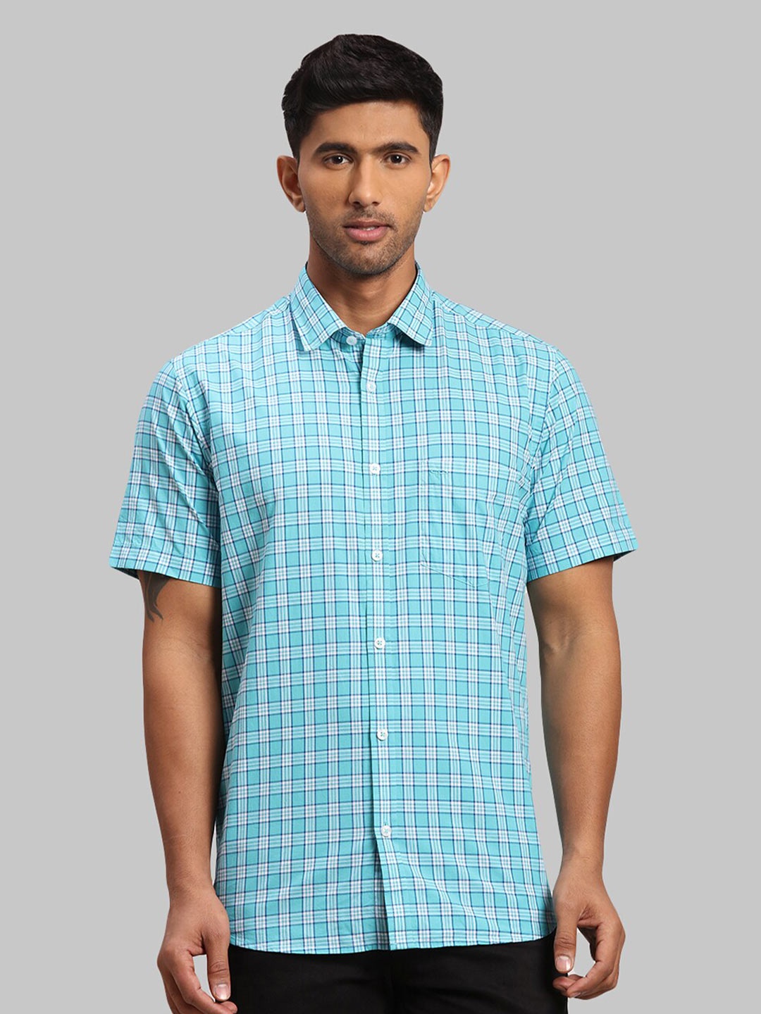 

ColorPlus Men Tailored Fit Checked Cotton Casual Shirt, Blue