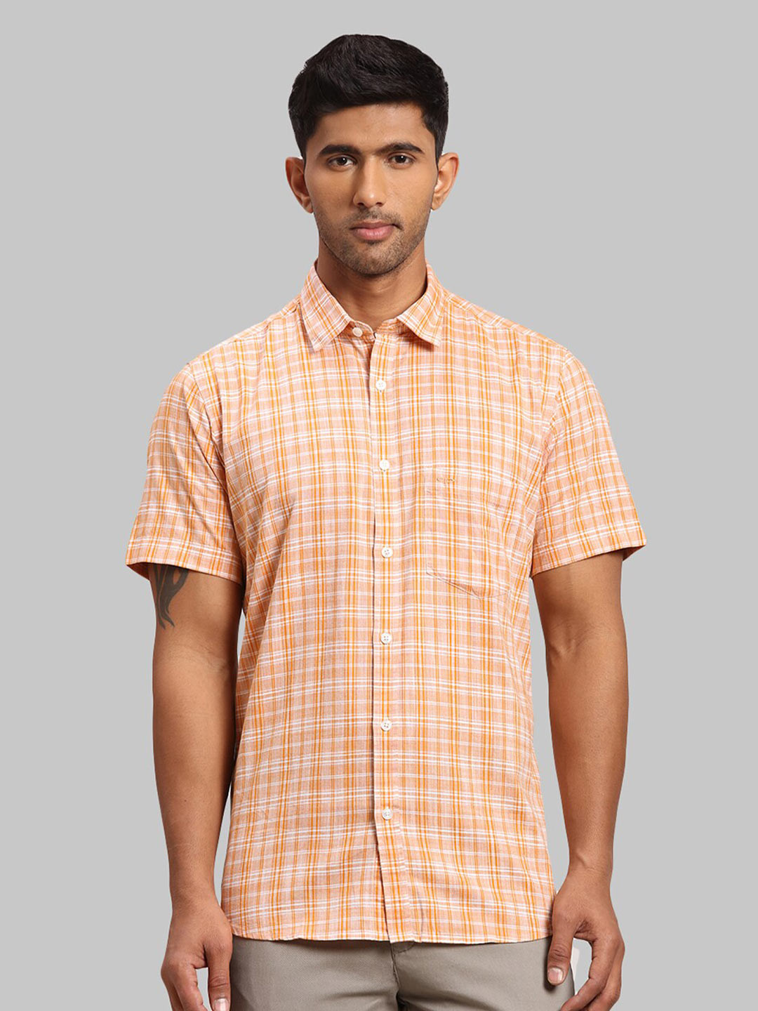 

ColorPlus Men Tailored Fit Checked Cotton Casual Shirt, Orange