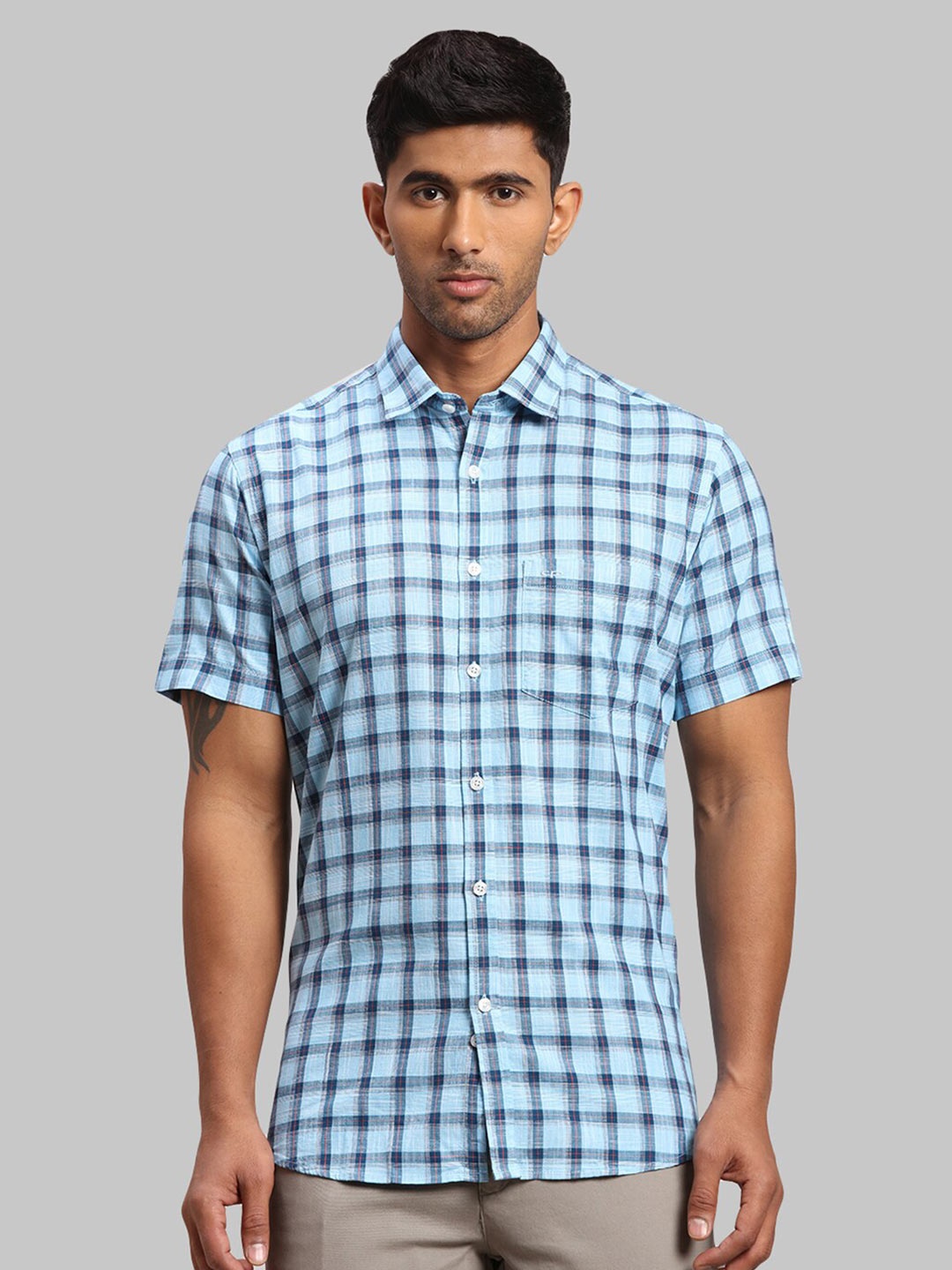 

ColorPlus Men Tailored Fit Checked Cotton Casual Shirt, Blue