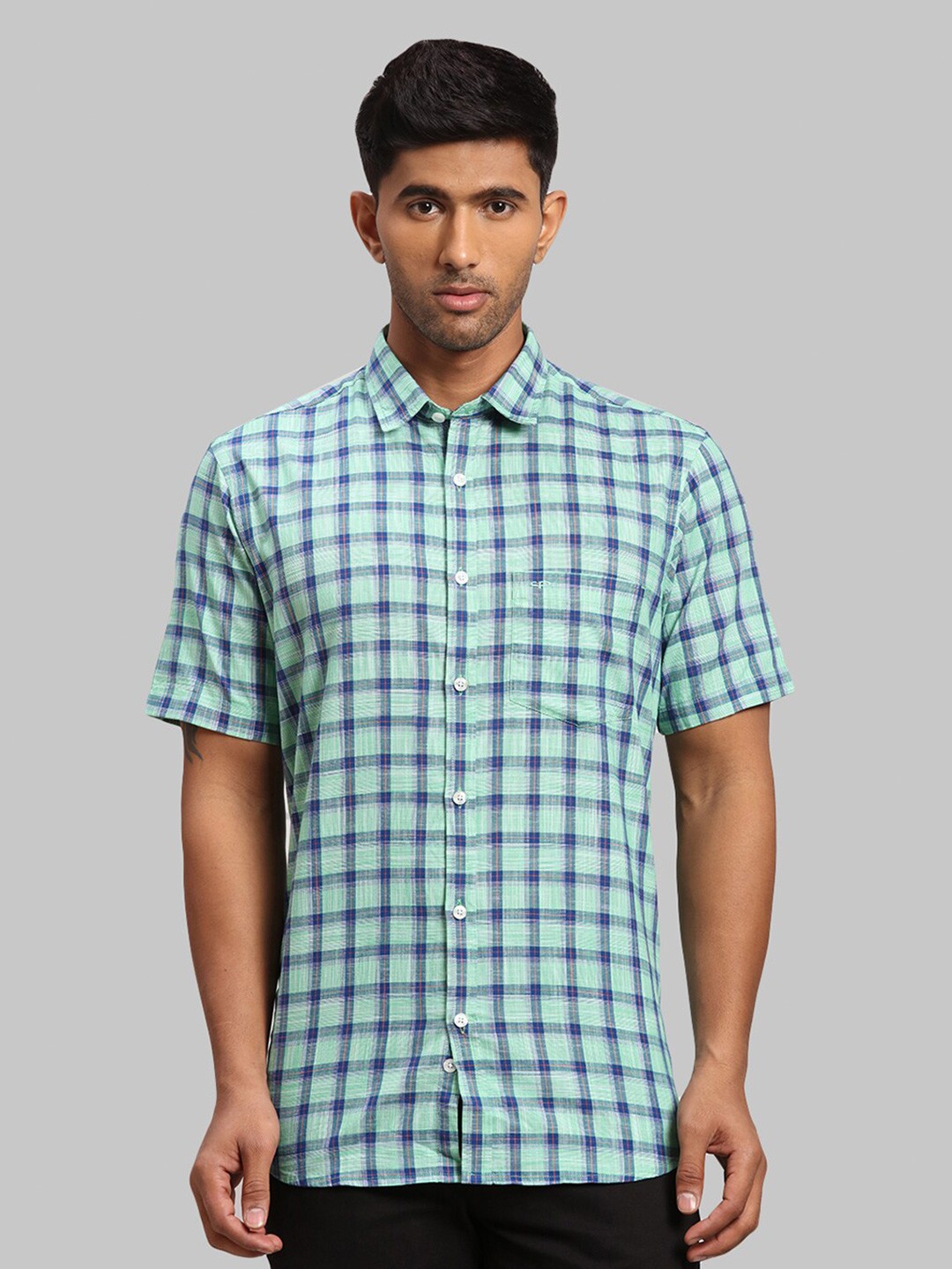 

ColorPlus Men Checked Cotton Tailored Fit Casual Shirt, Green