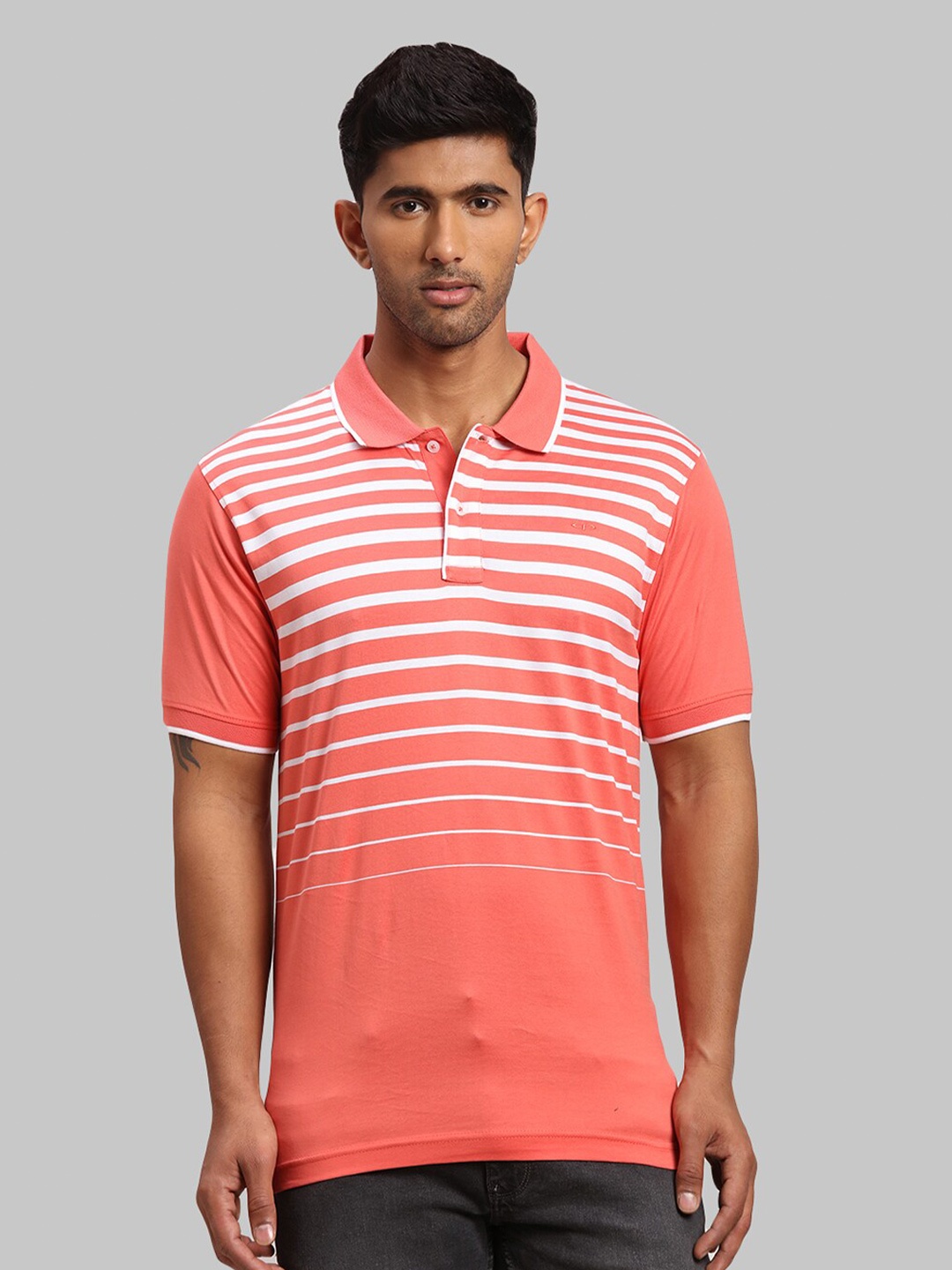 

ColorPlus Striped Polo Collar Raw Edge Cotton T-shirt, Coral