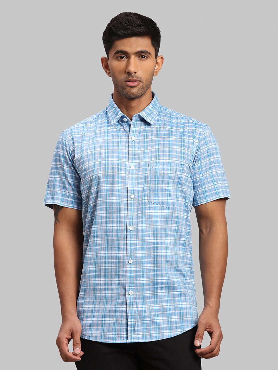 

ColorPlus Men Tailored Fit Checked Cotton Casual Shirt, Blue