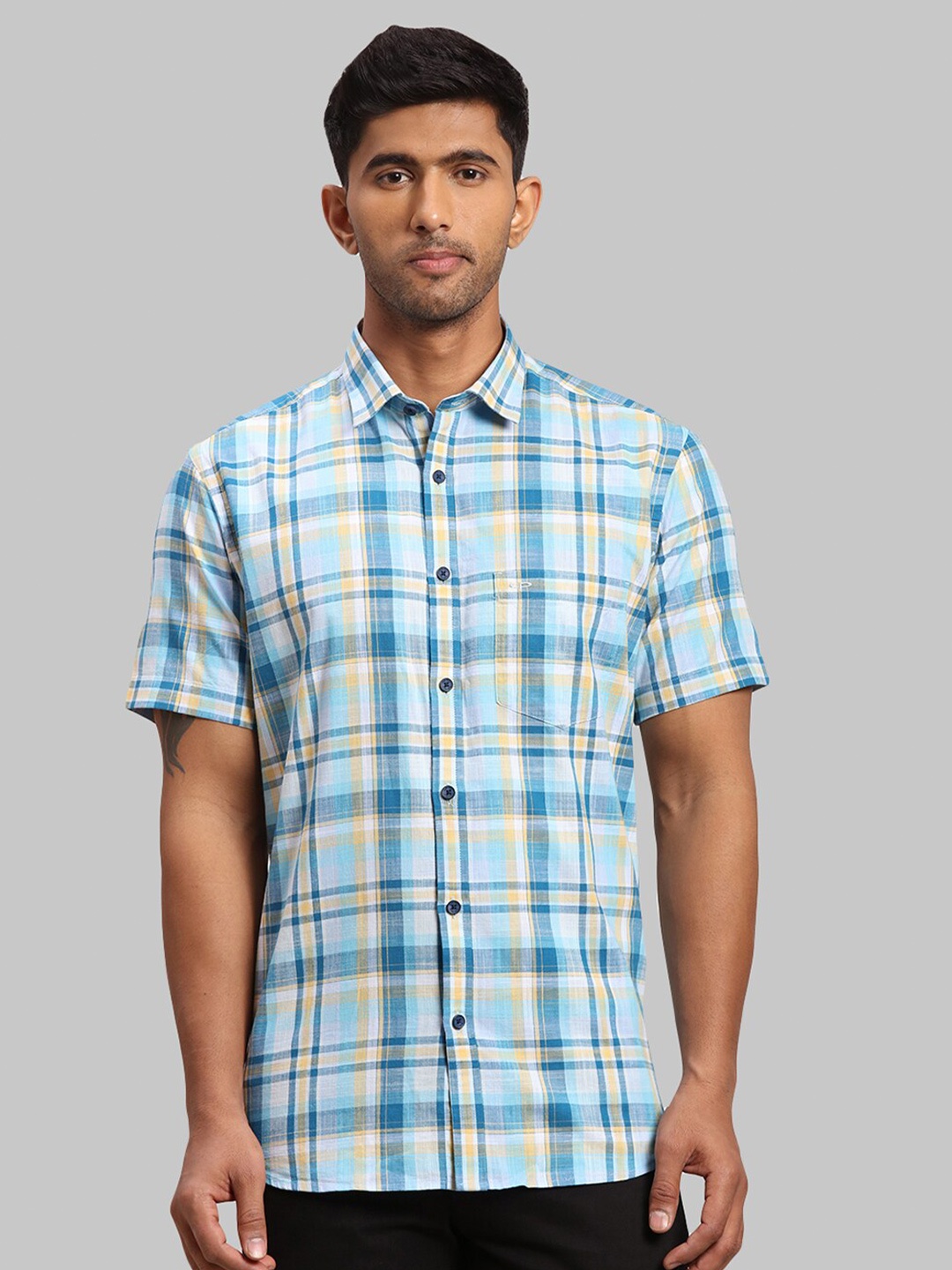 

ColorPlus Men Tailored Fit Checked Cotton Casual Shirt, Blue