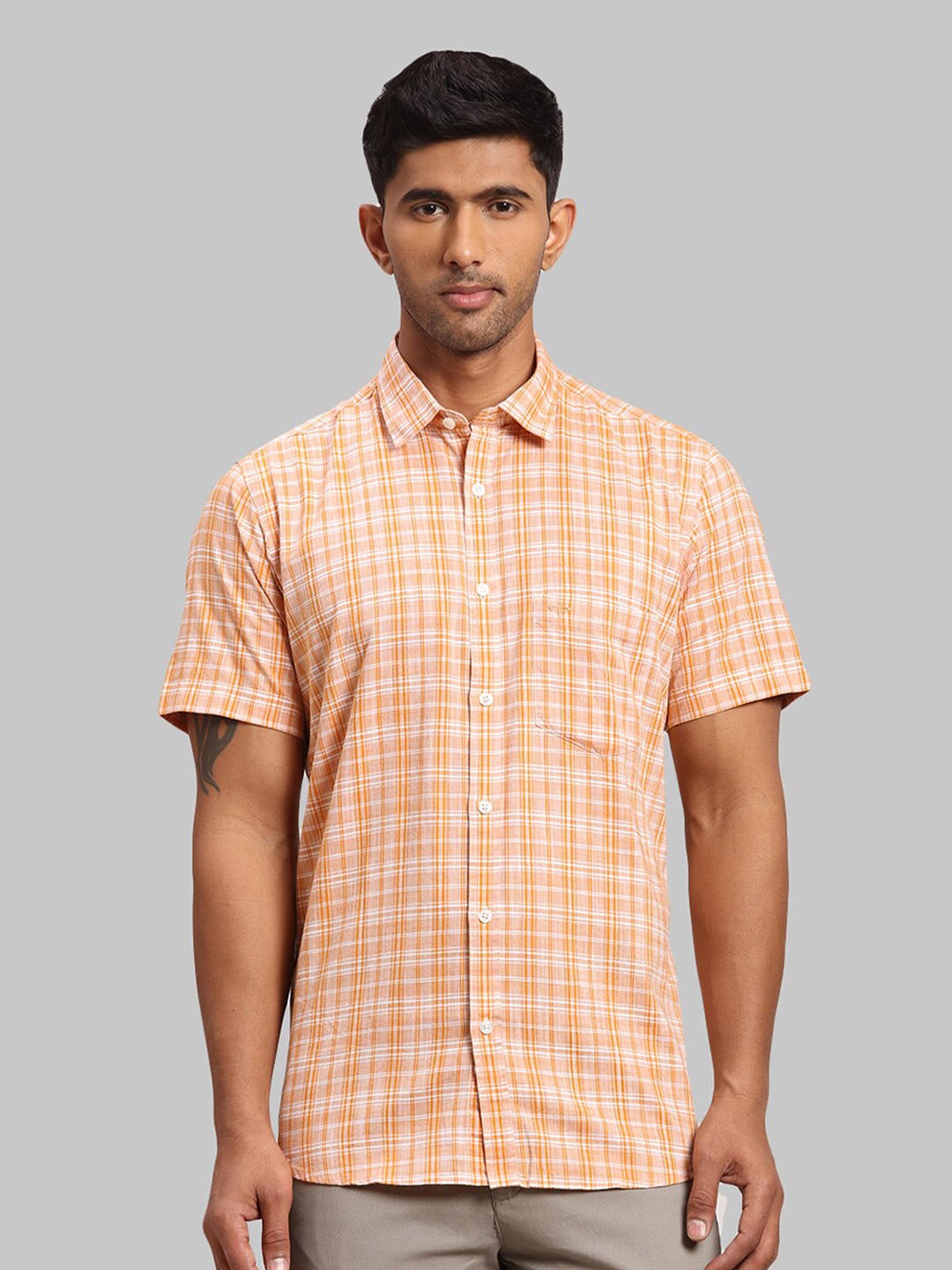 

ColorPlus Men Tailored Fit Checked Cotton Casual Shirt, Orange