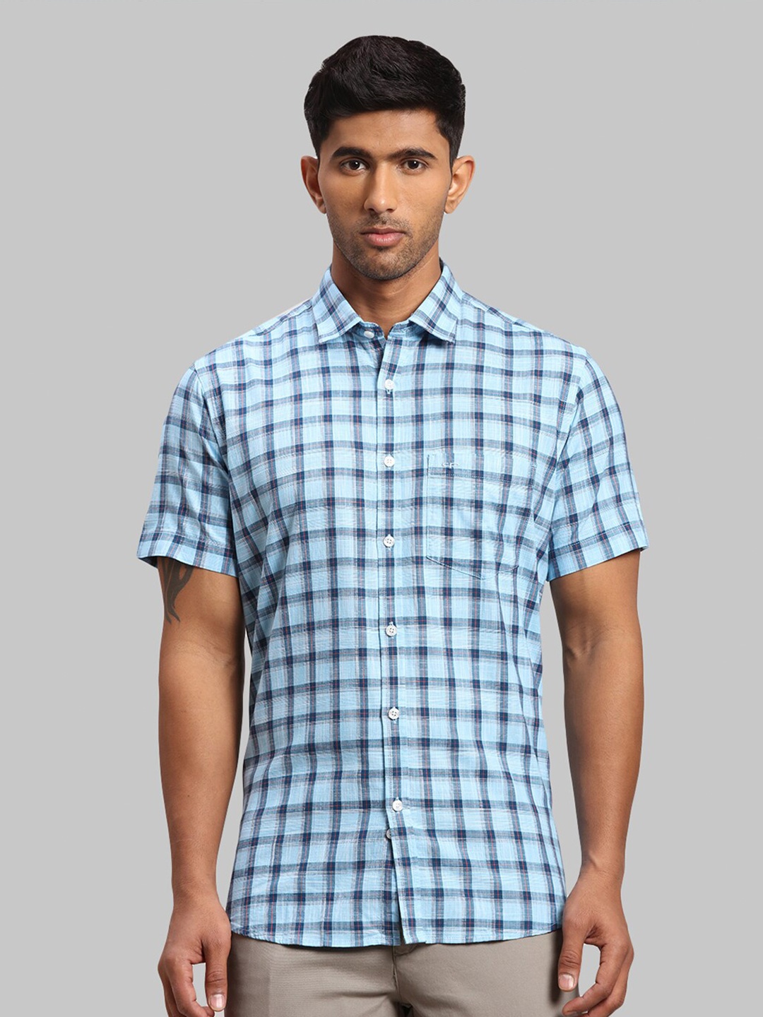 

ColorPlus Men Checked Cotton Tailored Fit Casual Shirt, Blue