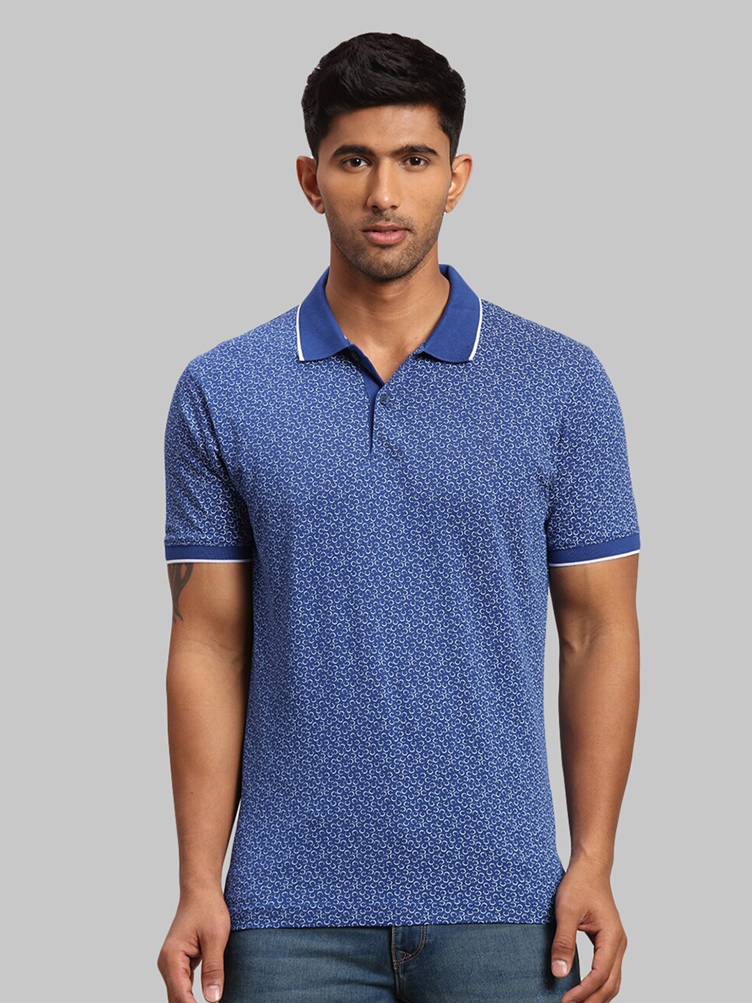 

ColorPlus Men Printed Polo Collar Cotton T-shirt, Blue