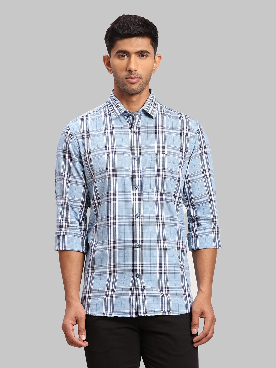 

ColorPlus Tailored Fit Tartan Checks Cotton Casual Shirt, Blue