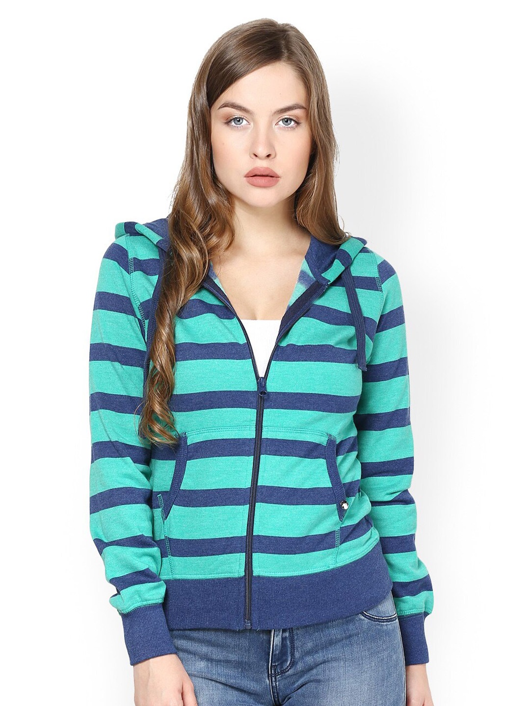 

Be Indi Striped Hooded Pure Cotton Sweatshirt, Green