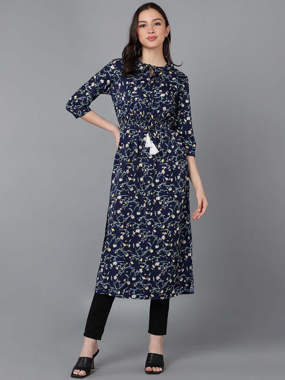 

ZNX Clothing Floral Printed Key Hole Neck Kurta, Blue