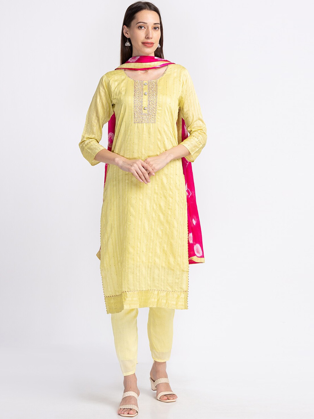 

Neerus Yoke Design Sequinned Kurta with Trousers & With Dupatta, Yellow