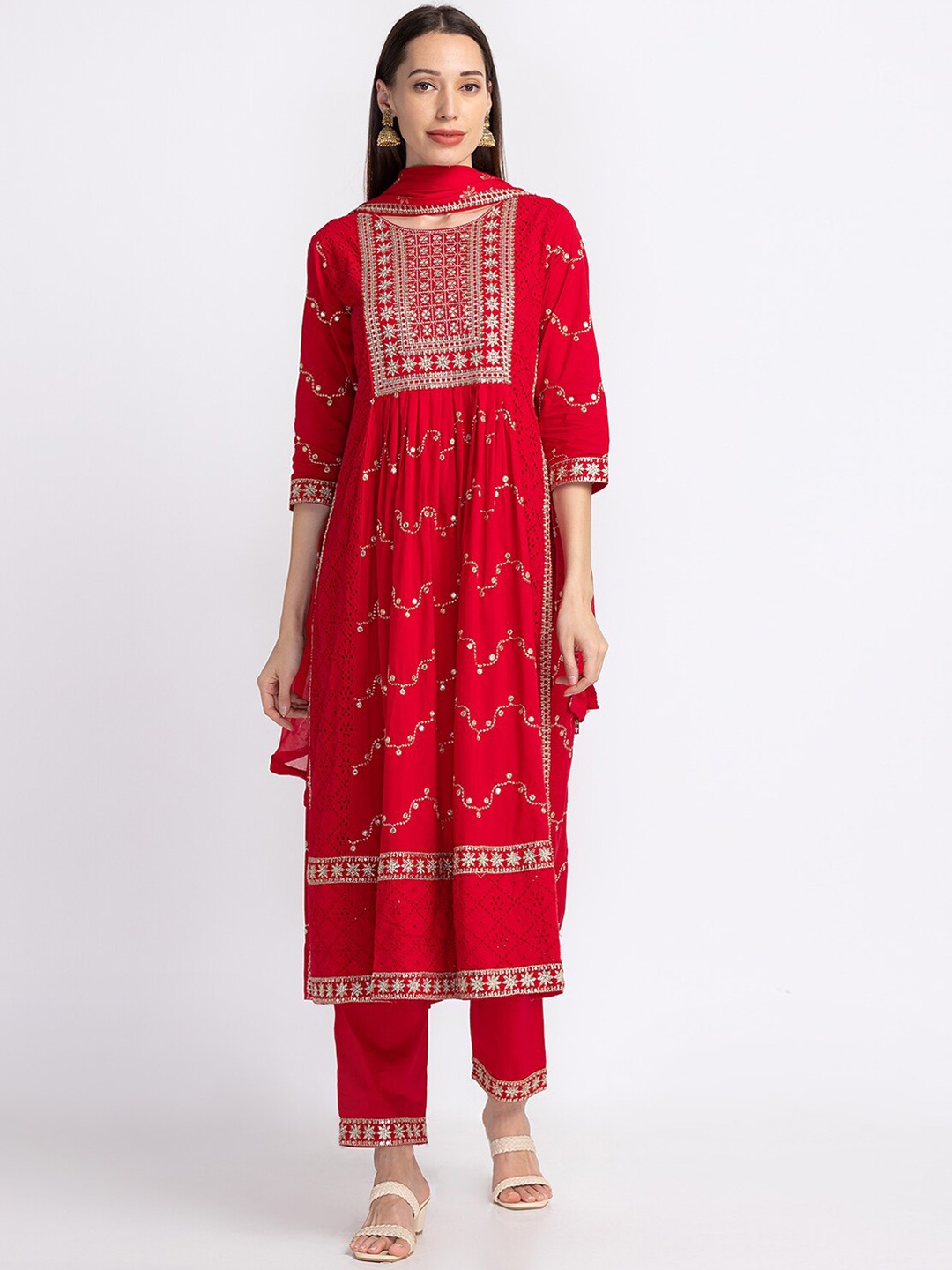 

Neerus Floral Embroidered Sequinned Kurta with Trousers & Dupatta, Pink