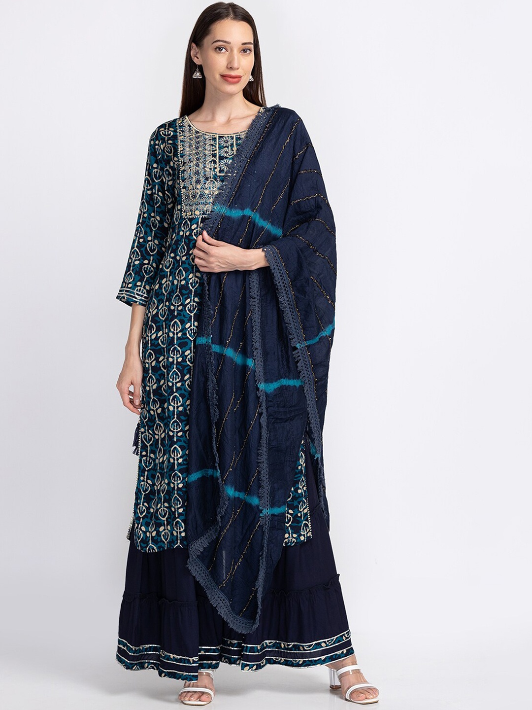 

Neerus Blue Floral Embroidered Sequinned Kurta with Sharara & Dupatta, Navy blue