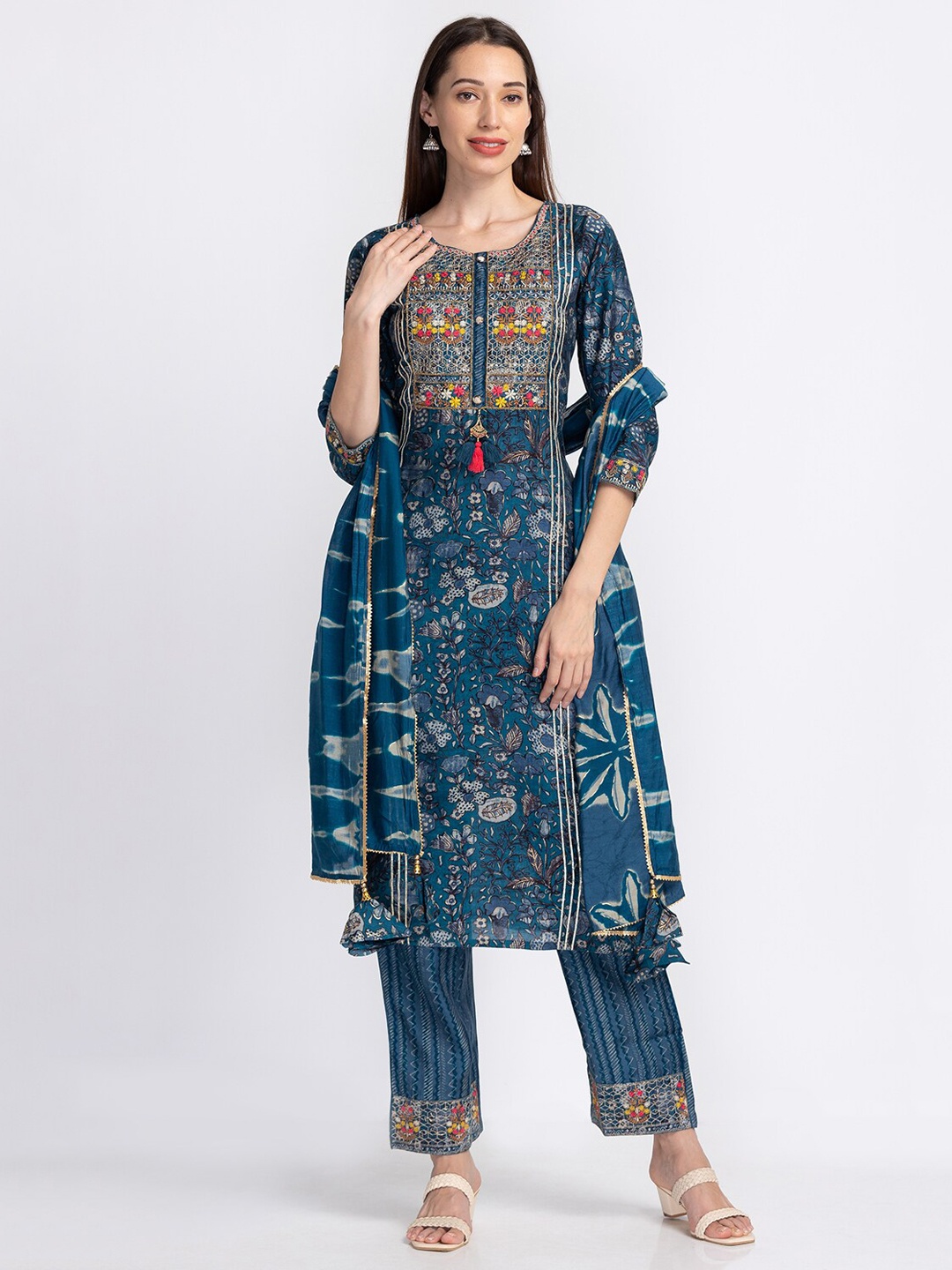 

Neerus Floral Embroidered Thread Work Kurta with Trousers & Dupatta, Blue