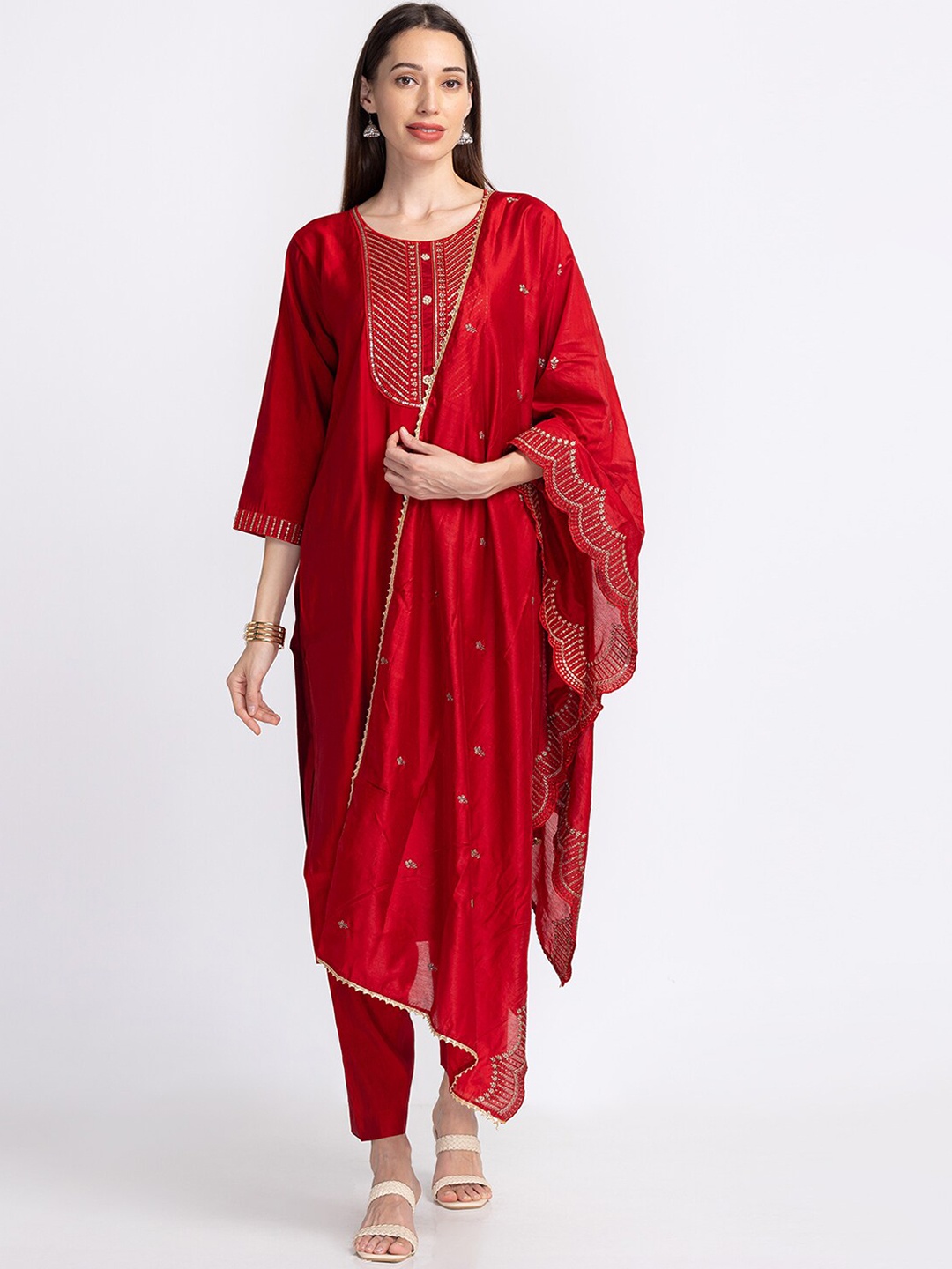 

Neerus Panelled Sequinned Kurta with Trousers & Dupatta, Red