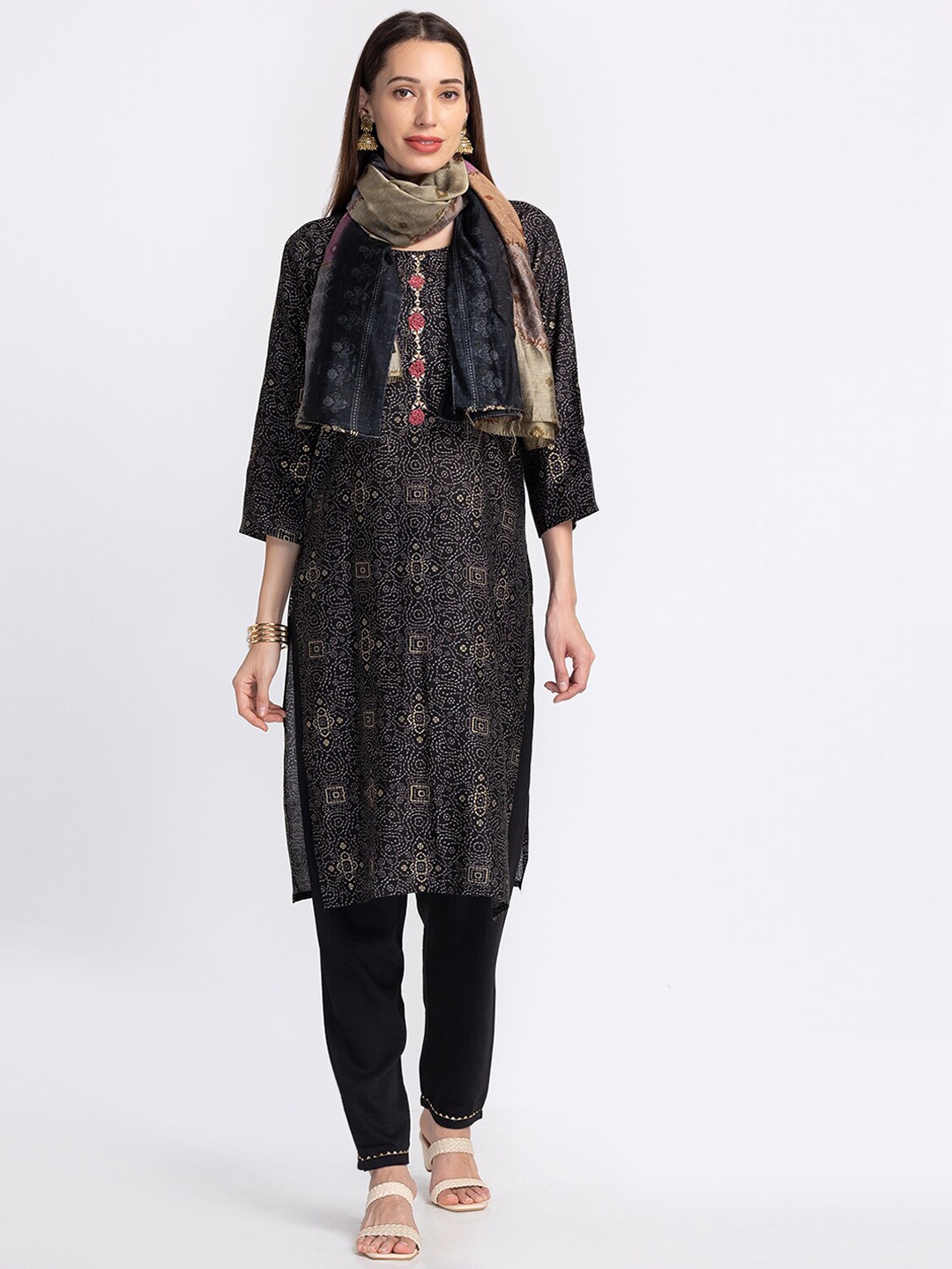 

Neerus Printed Thread Work Raw Silk Kurta with Trousers & Dupatta, Black