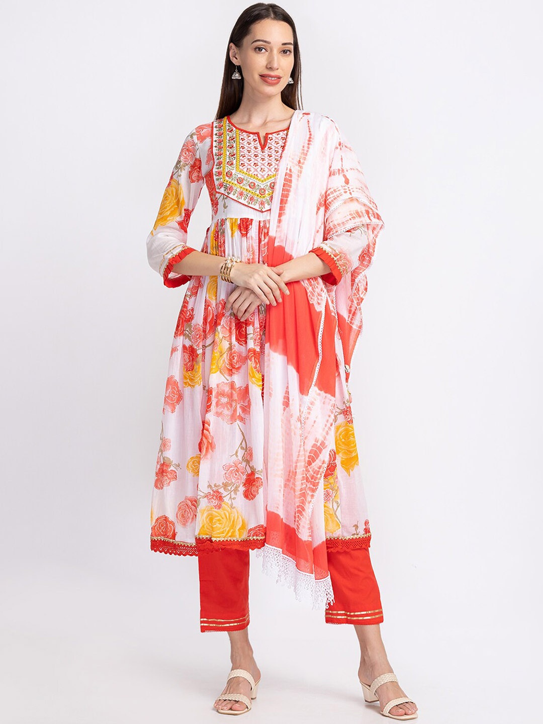 

Neerus Floral Yoke Design Pleated Kurta With Trousers & Dupatta, Orange