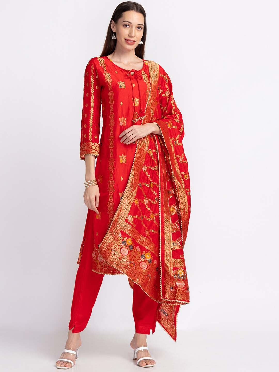 

Neerus Printed Dupion Silk Straight Kurta with Trousers & With Dupatta, Red