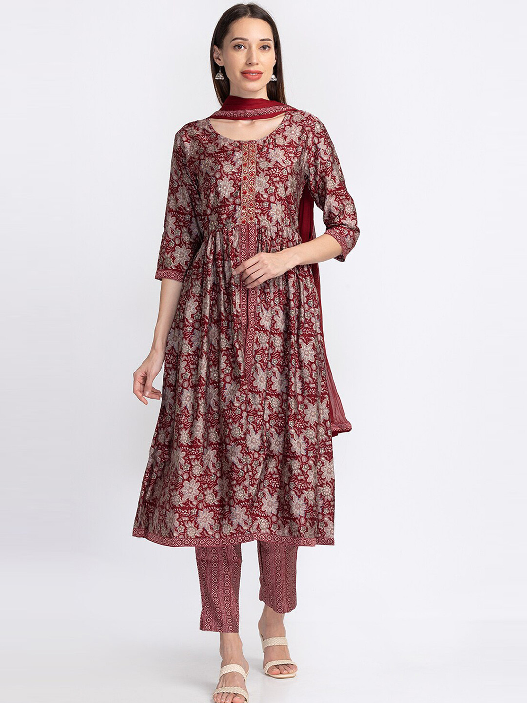 

Neerus Embroidered A-Line Kurta with Trousers & With Dupatta, Maroon